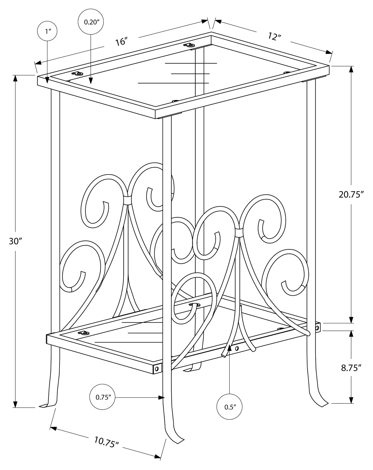 TABLE D'APPOINT - 30"H / METAL ARGENT AVEC VERRE TREMPE