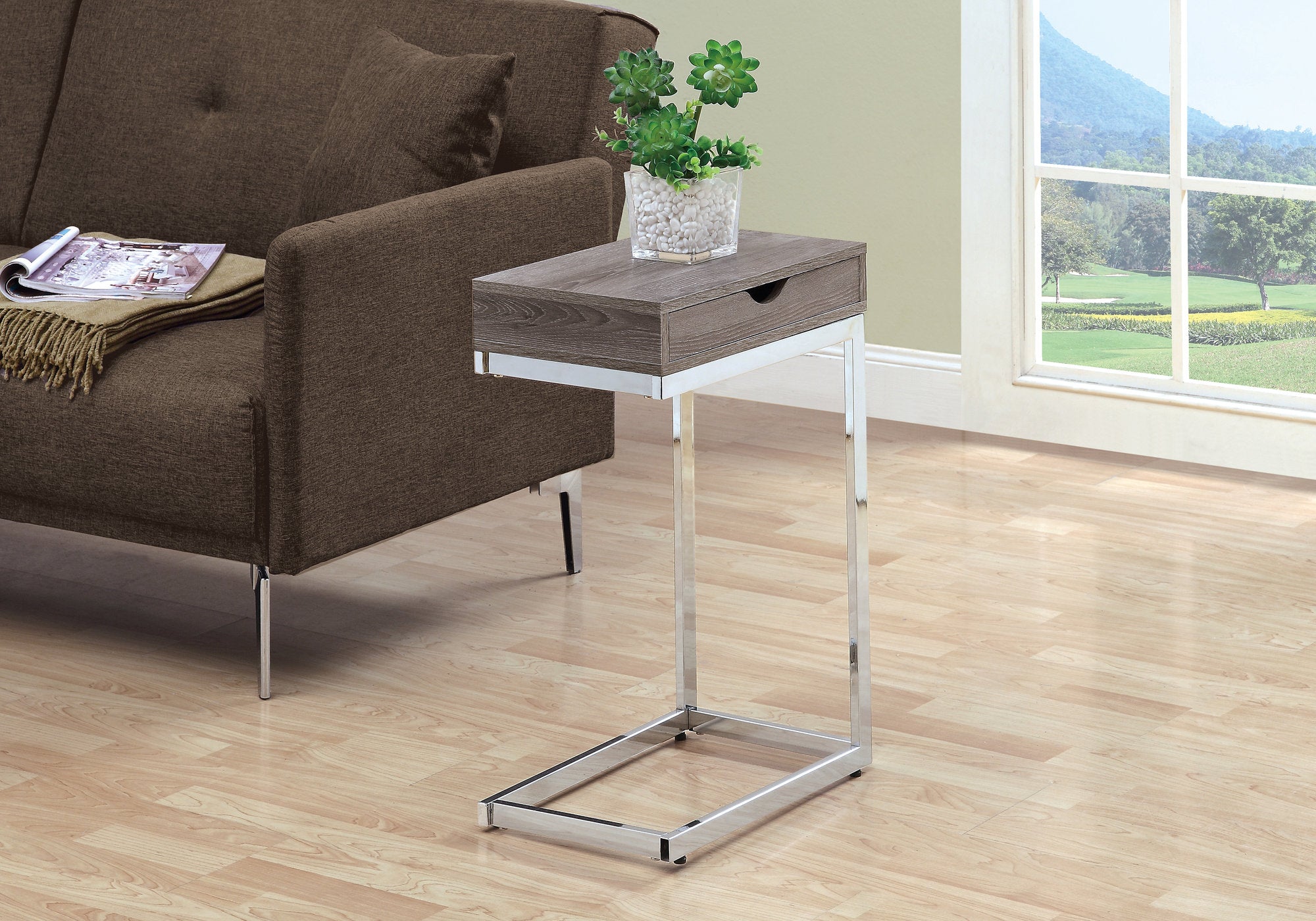 TABLE D'APPOINT - METAL CHROME / TAUPE FONCE AVEC TIROIR