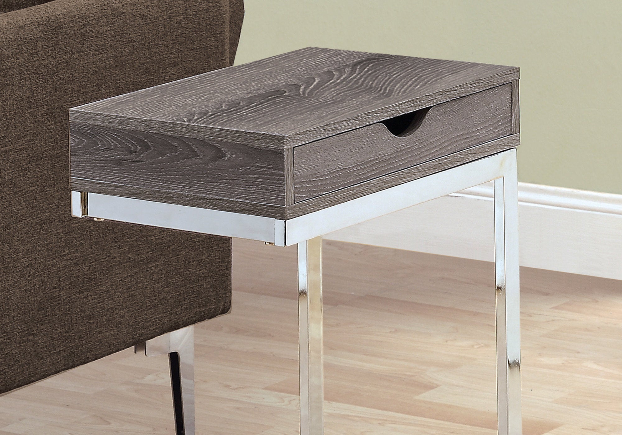 TABLE D'APPOINT - METAL CHROME / TAUPE FONCE AVEC TIROIR