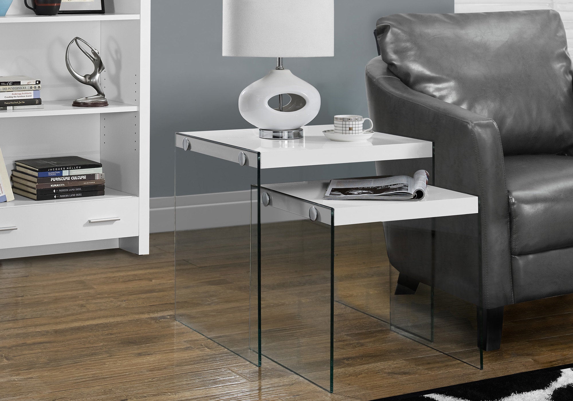 TABLE GIGOGNE - ENSEMBLE 2PCS / BLANC BRILLANT / VERRE TREMPÉ