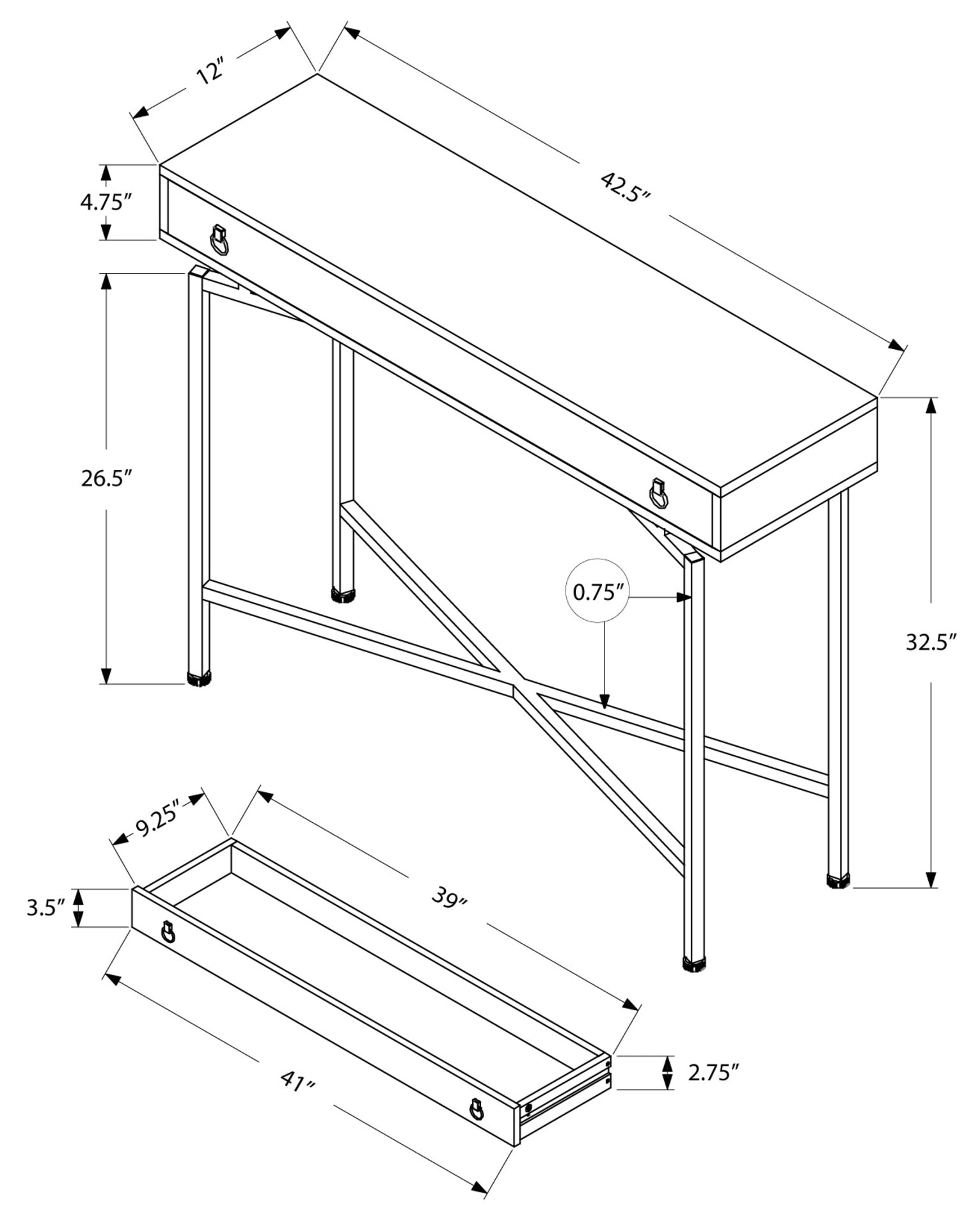 TABLE D'APPOINT - 42"L / BOIS RÉCUPÉRÉ GRIS / CONSOLE NOIRE