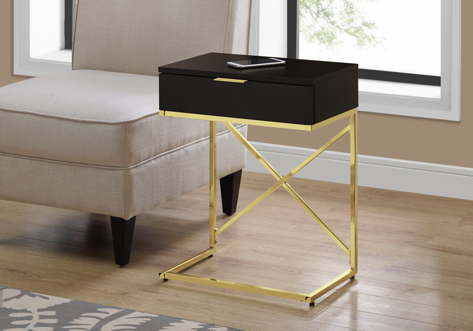 TABLE D'APPOINT - 24"H / ESPRESSO / MÉTAL DORÉ