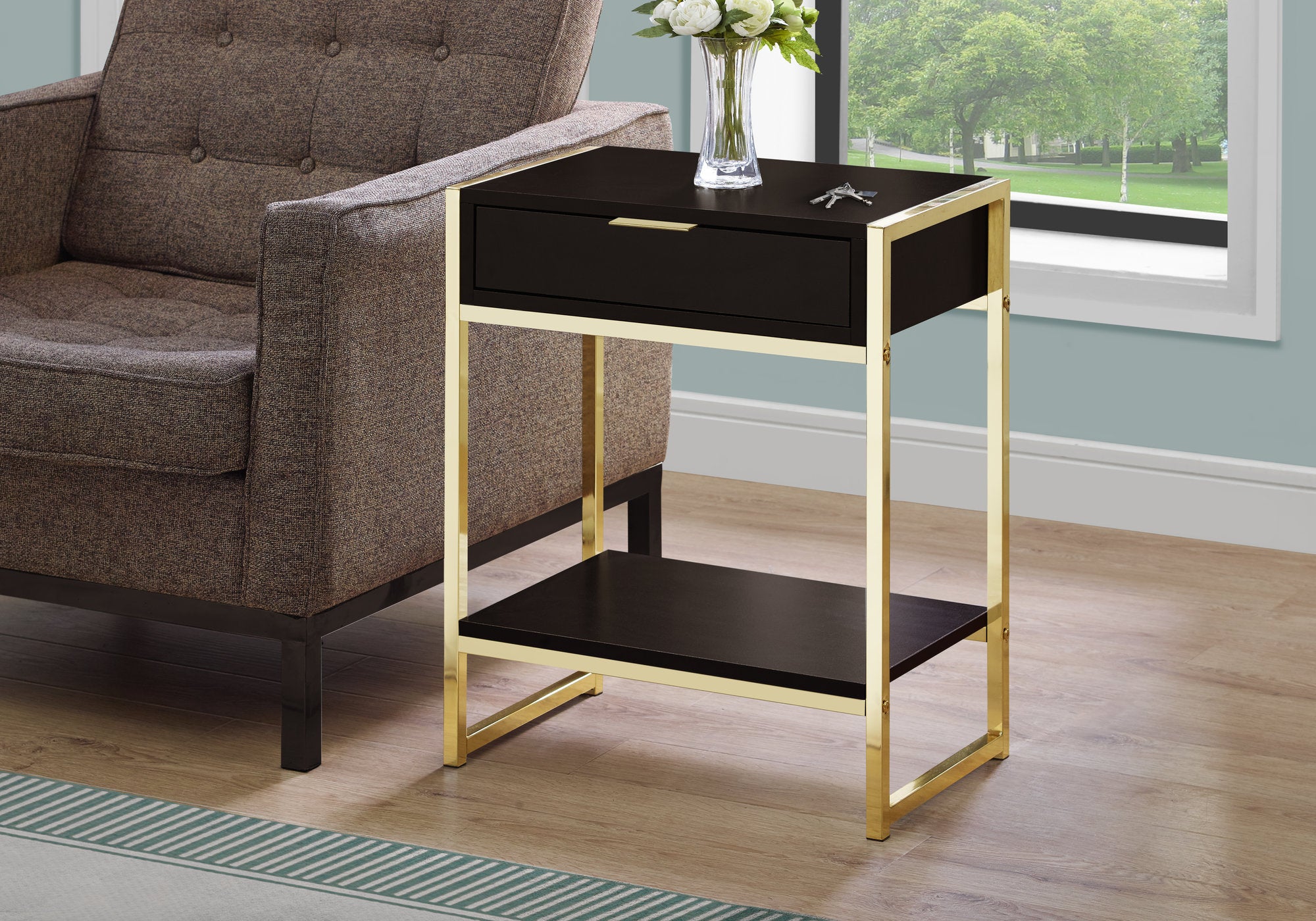 TABLE D'APPOINT - 24"H / ESPRESSO / MÉTAL DORÉ