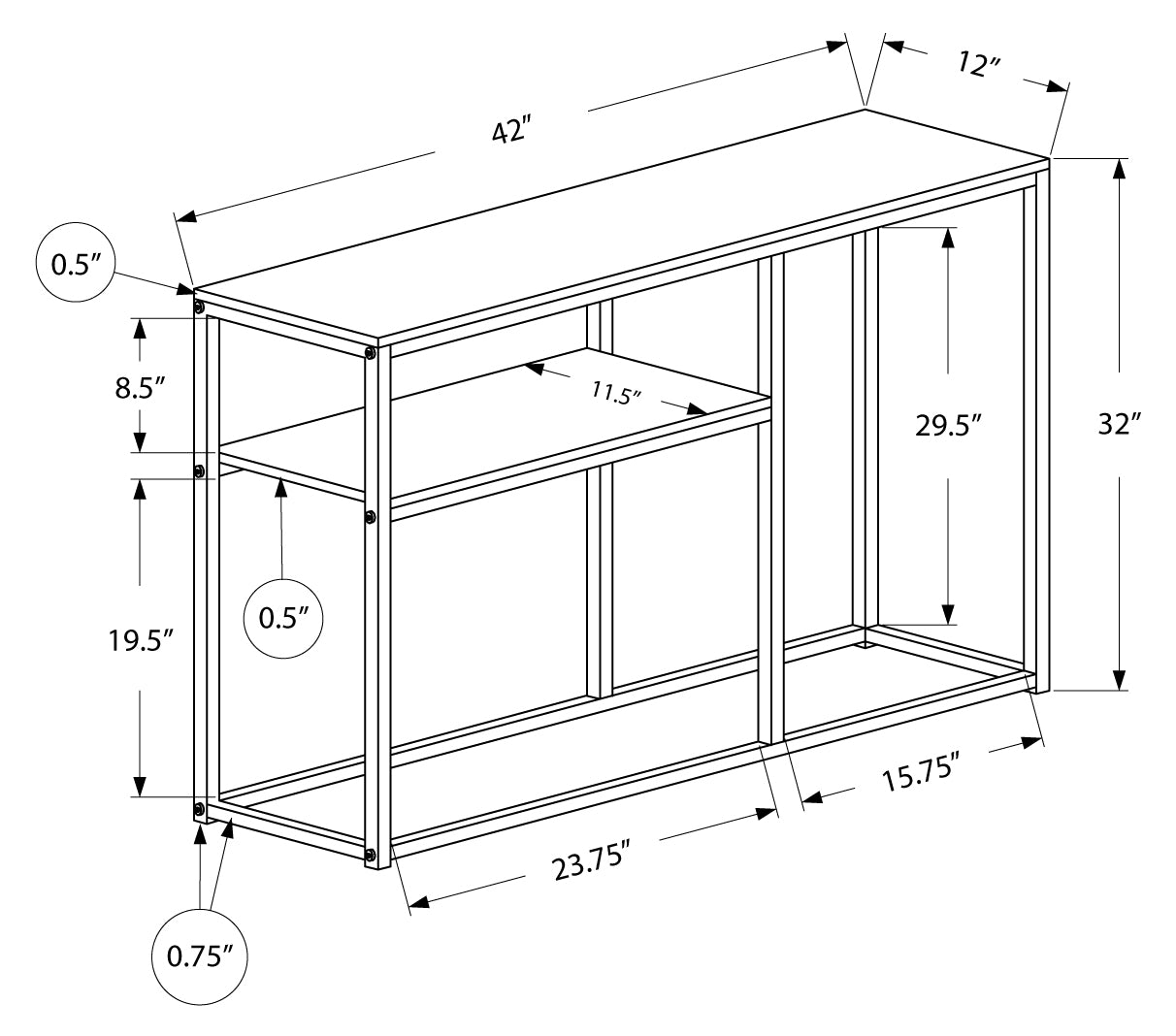 TABLE D'APPOINT - 42"L / CONSOLE D'ENTREE METAL GRIS / NOIR