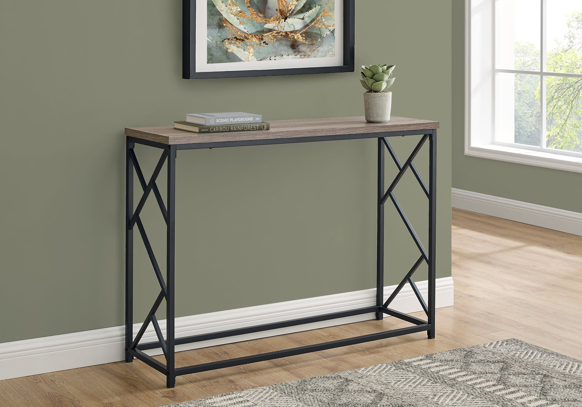 TABLE D'APPOINT - 44"L / CONSOLE D'ENTREE TAUPE / METAL NOIR