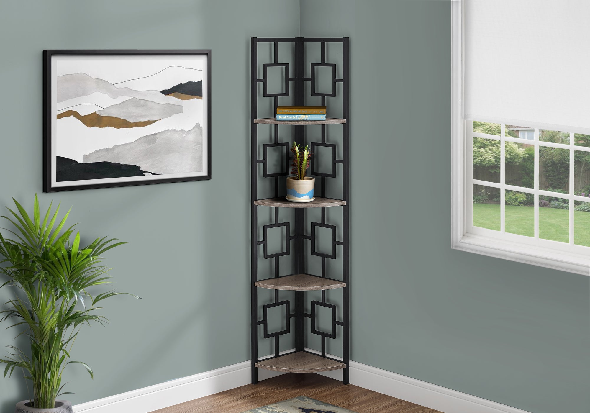 Présentoir d'Angle Artisanal : 62" Taupe Foncé et Acier Noir