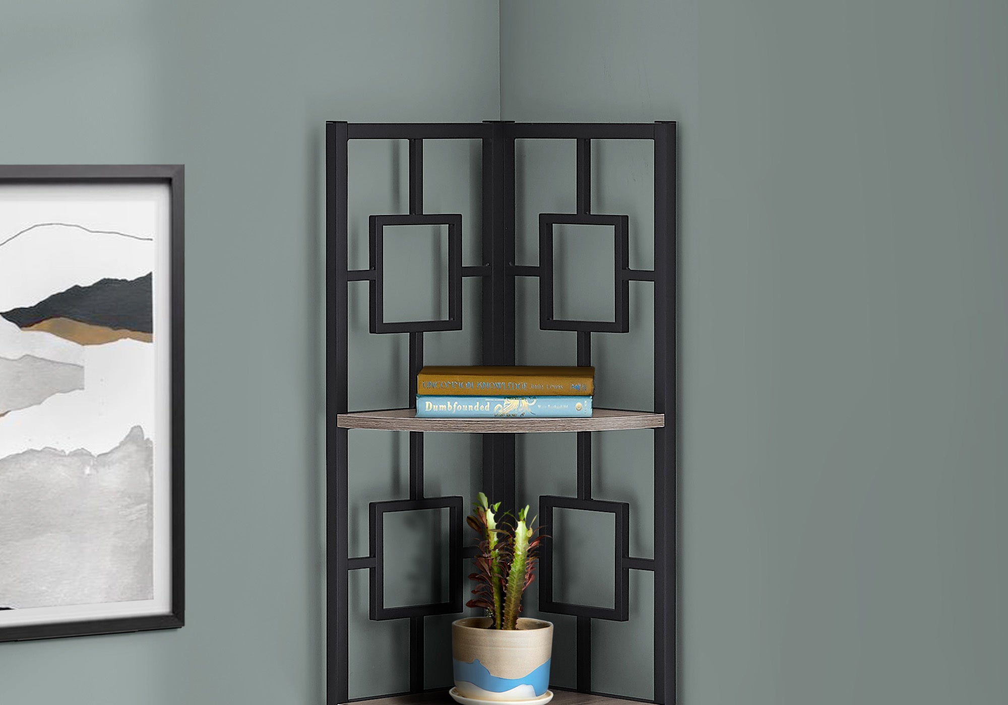 Présentoir d'Angle Artisanal : 62" Taupe Foncé et Acier Noir