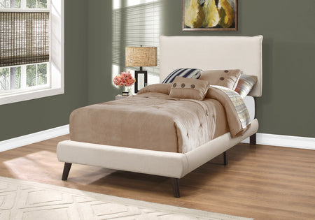 LIT - TAILLE SIMPLE / LIN BEIGE AVEC PIEDS EN BOIS MARRON