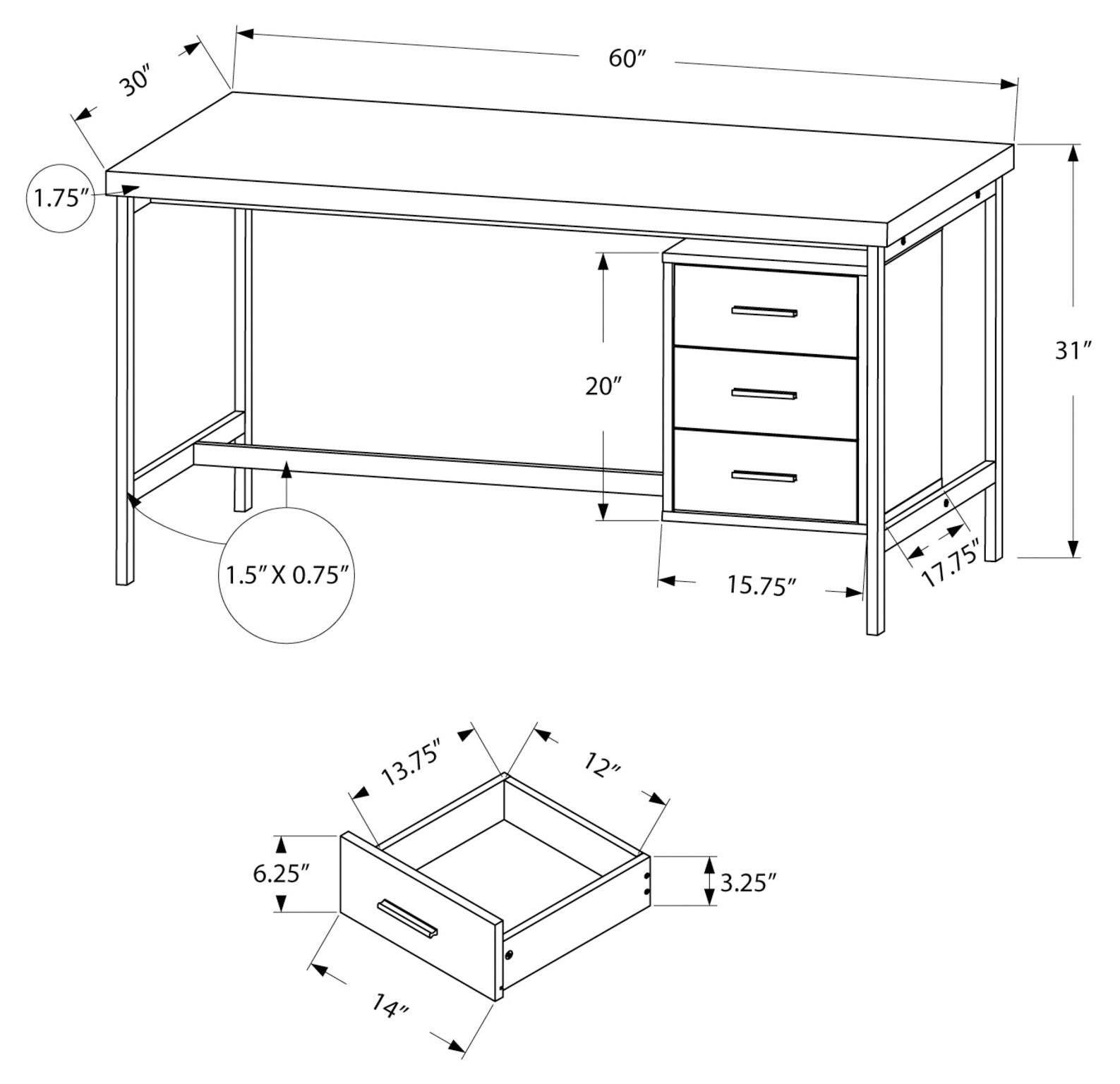 BUREAU D'ORDINATEUR - 60"L / BLANC / METAL ARGENT