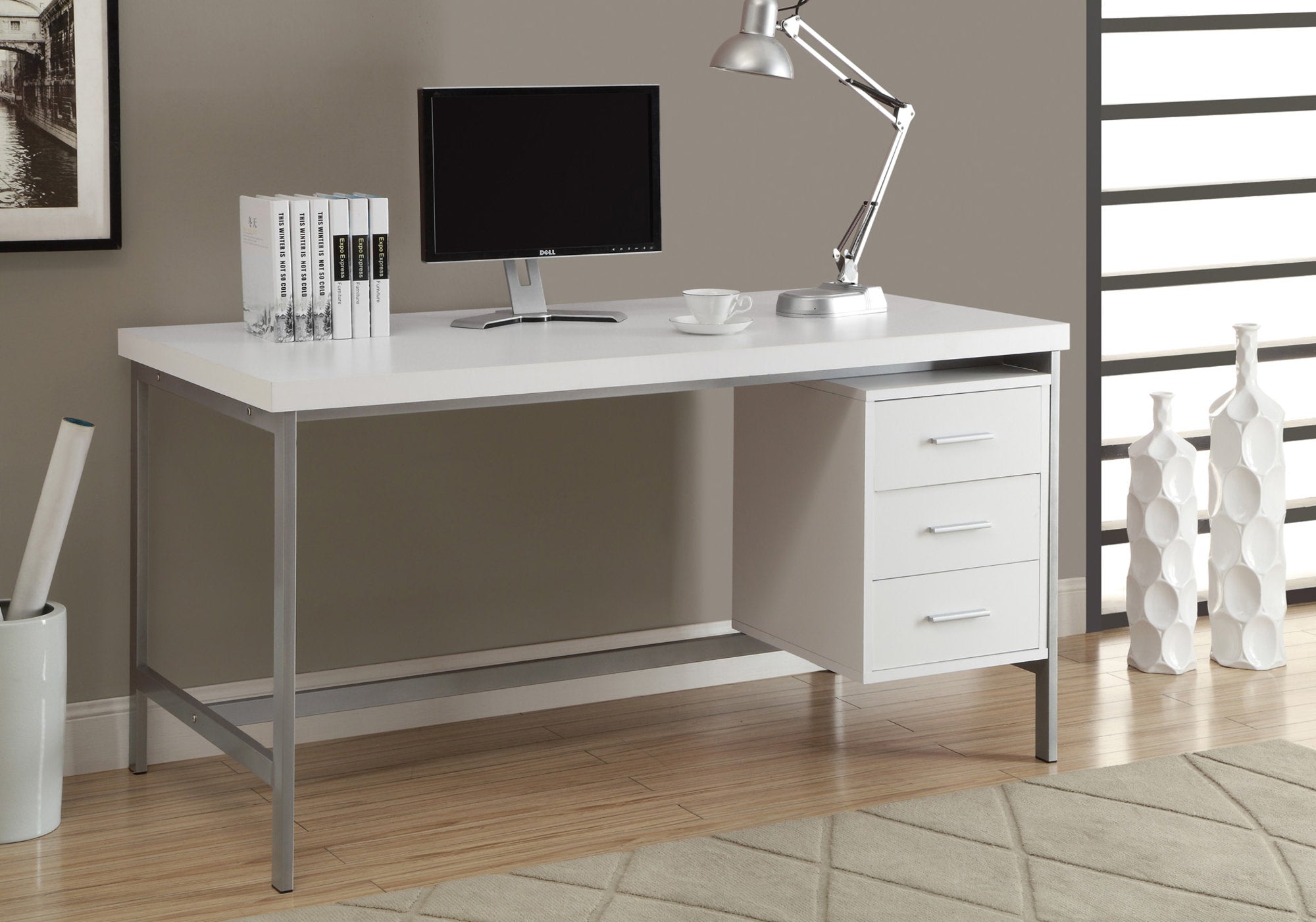 BUREAU D'ORDINATEUR - 60"L / BLANC / METAL ARGENT