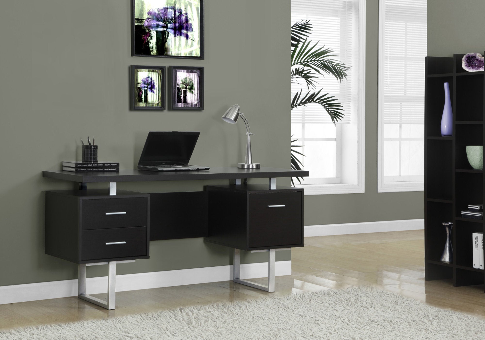 BUREAU D'ORDINATEUR - 60"L / ESPRESSO / METAL ARGENT