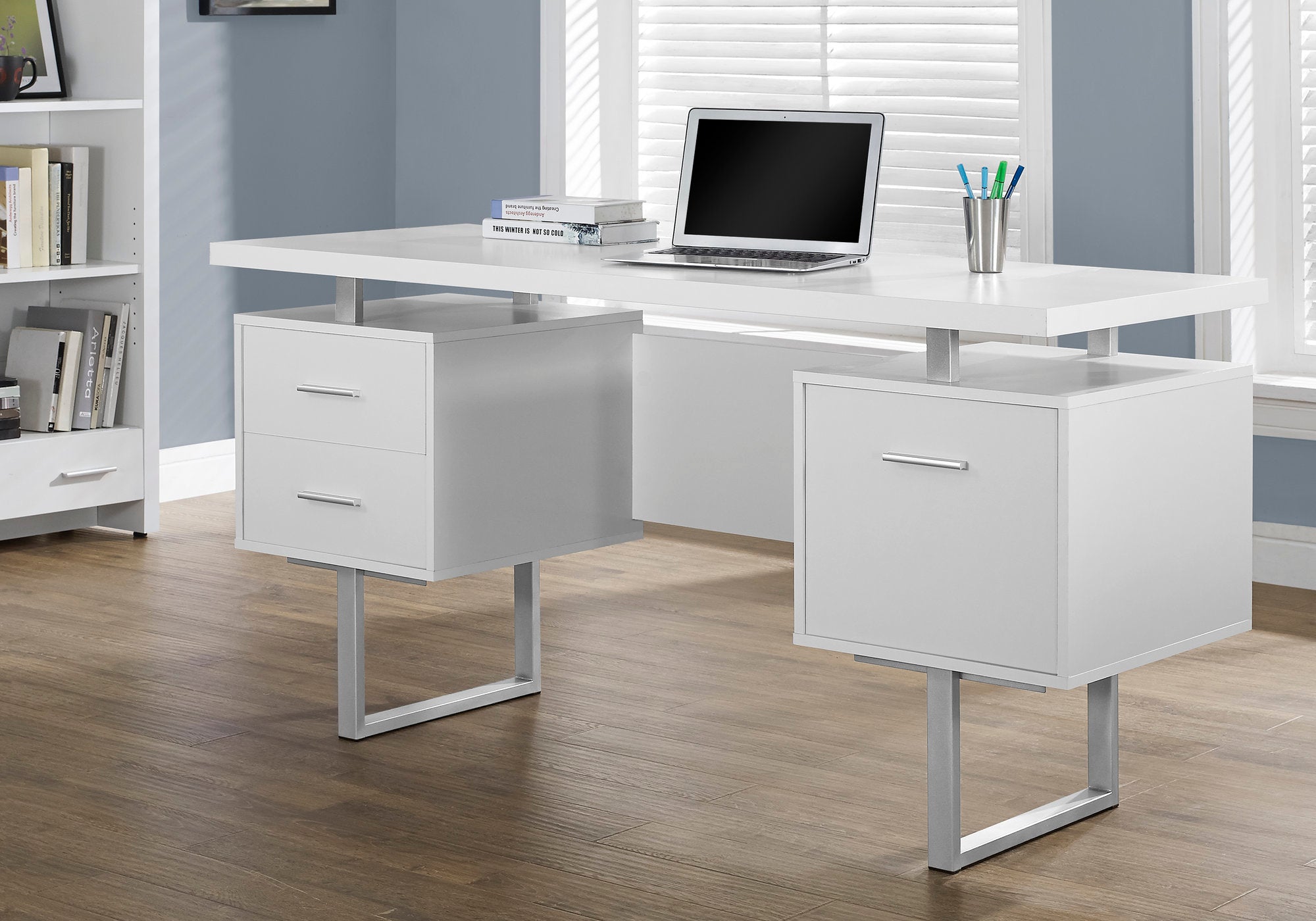 BUREAU D'ORDINATEUR - 60"L / BLANC / METAL ARGENT