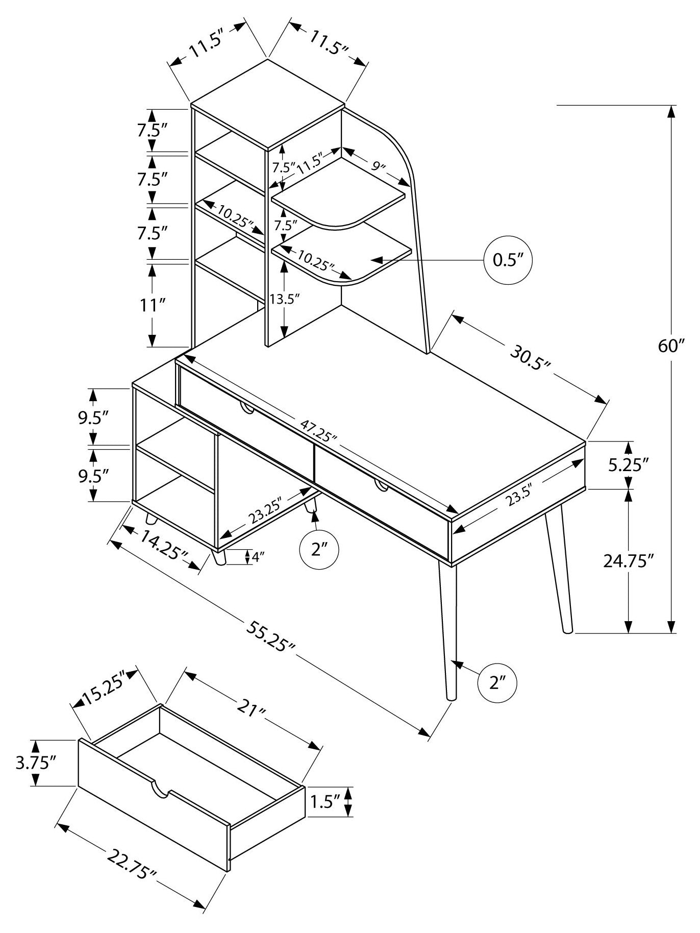 BUREAU D'ORDINATEUR - 55"L / ESPRESSO AVEC BIBLIOTHÈQUE