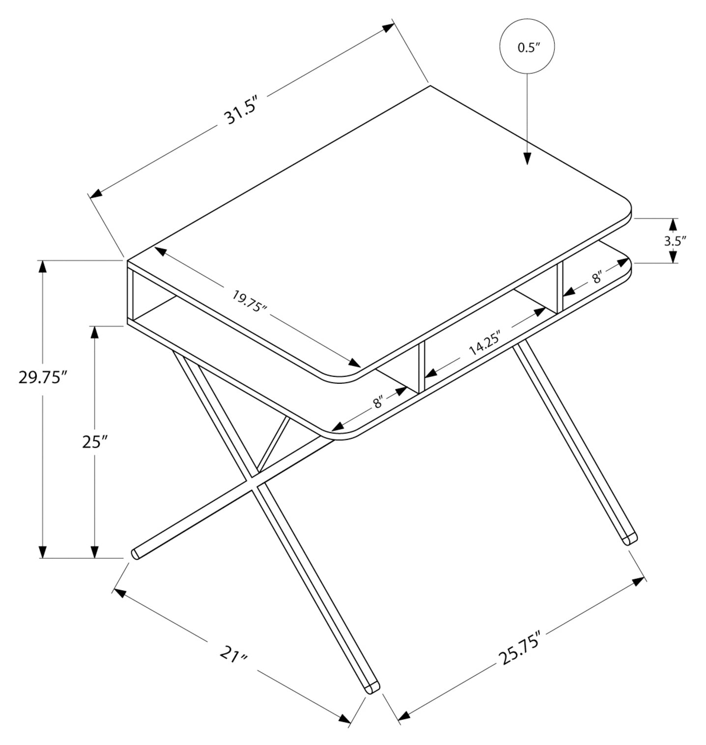 BUREAU D'ORDINATEUR - 31"L / DESSUS BLANC / METAL ARGENT