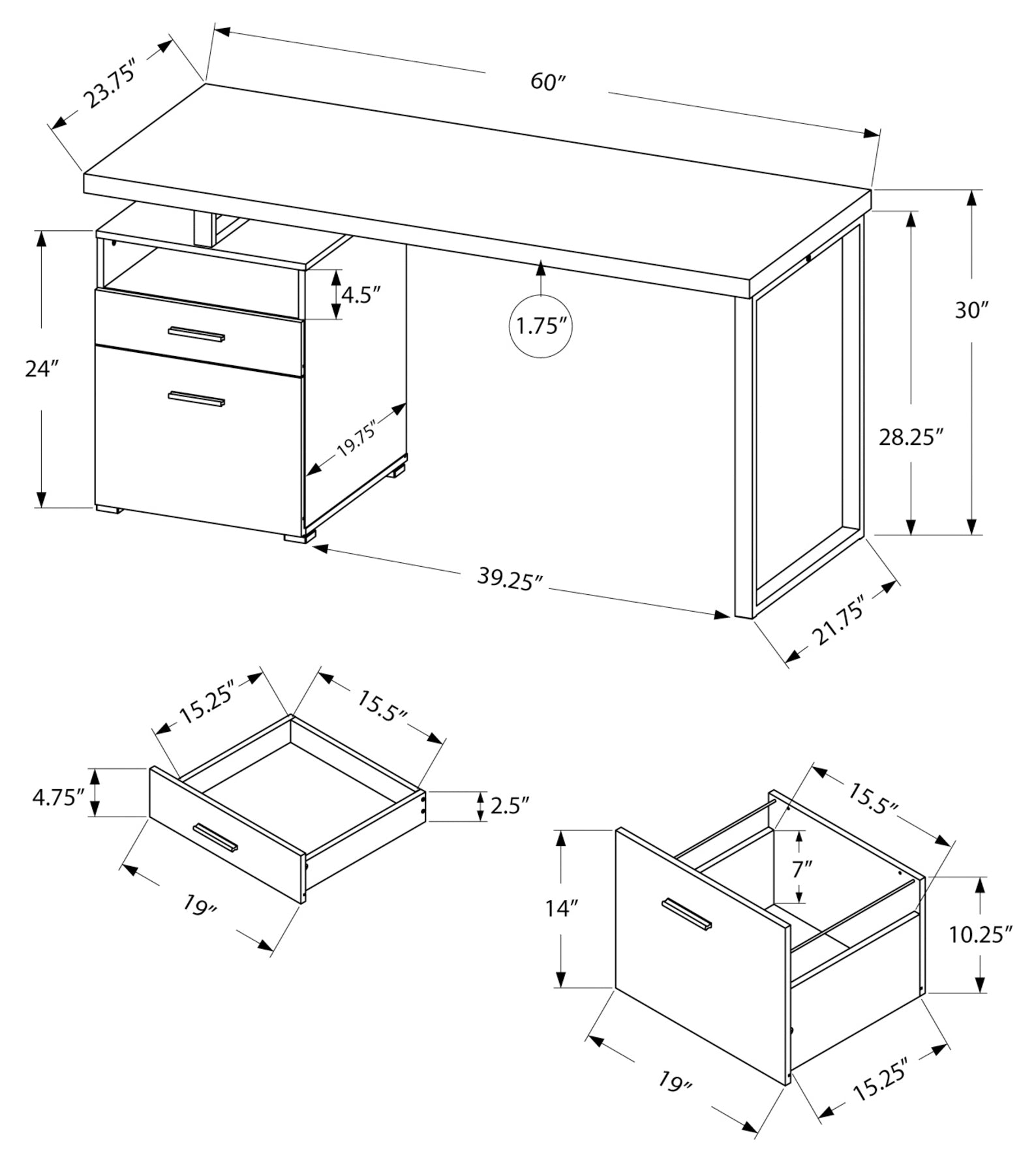 BUREAU D'ORDINATEUR - 60"L / BLANC / METAL ARGENT