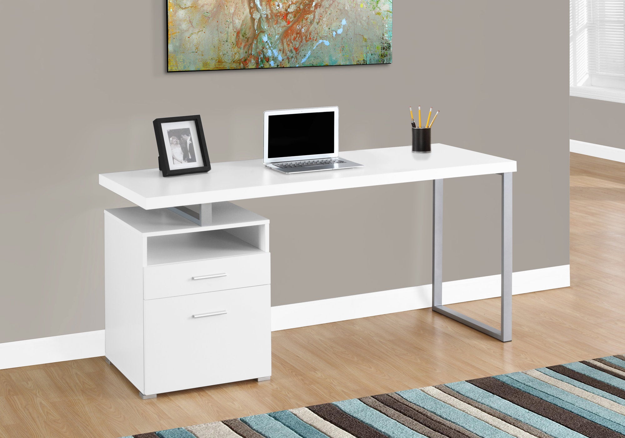 BUREAU D'ORDINATEUR - 60"L / BLANC / METAL ARGENT