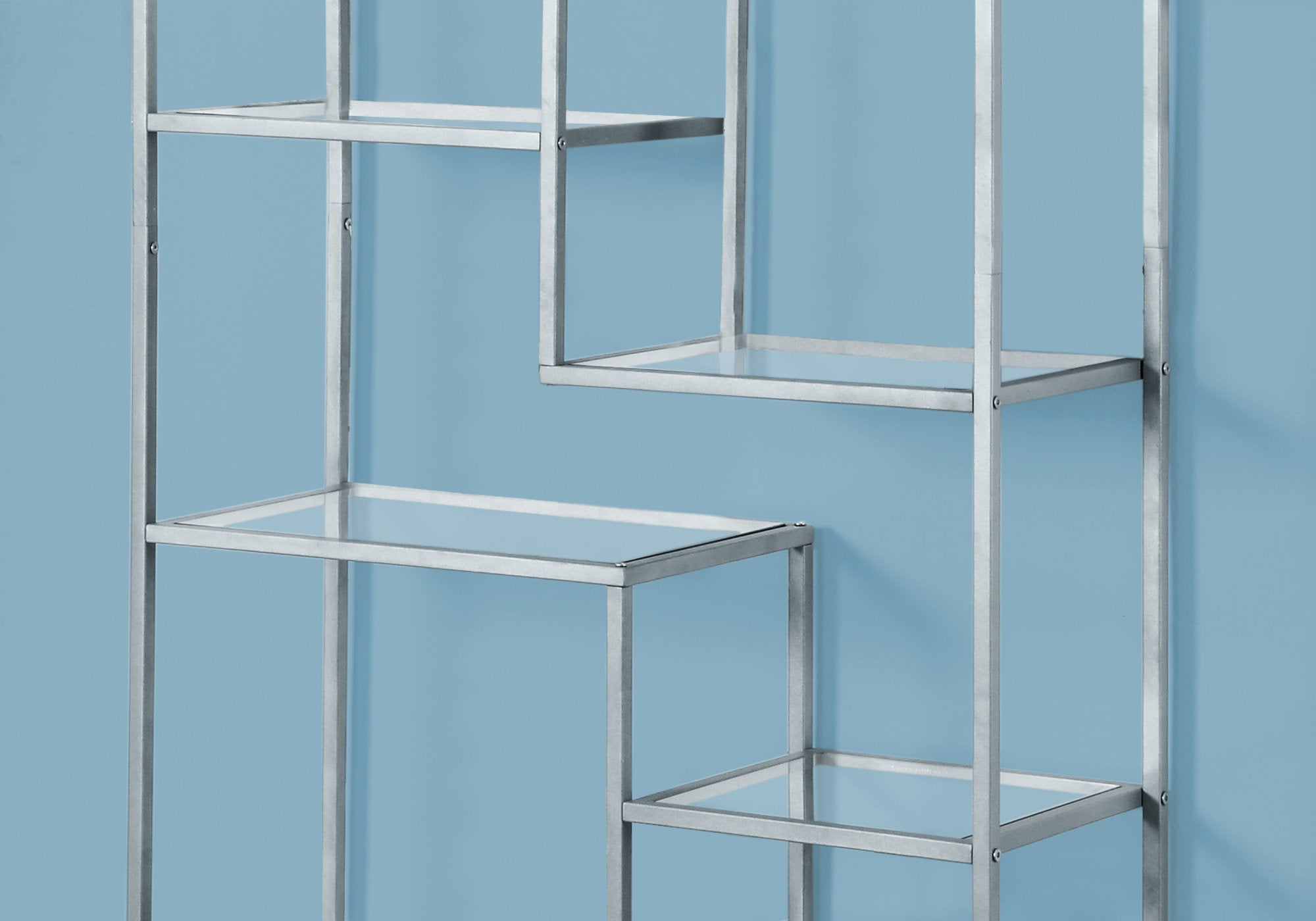 BIBLIOTHÈQUE - 72"H / MÉTAL ARGENT AVEC VERRE TREMPÉ