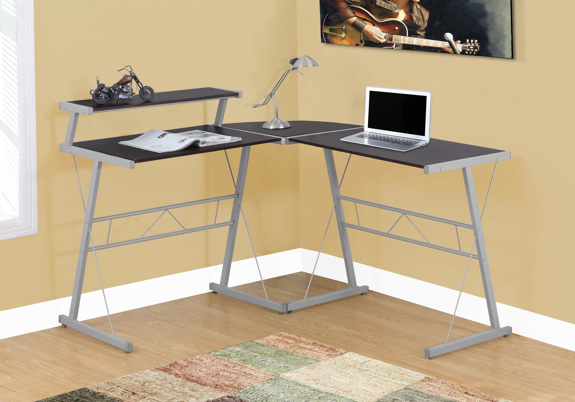 BUREAU D'ORDINATEUR - DESSUS ESPRESSO / MÉTAL ARGENT