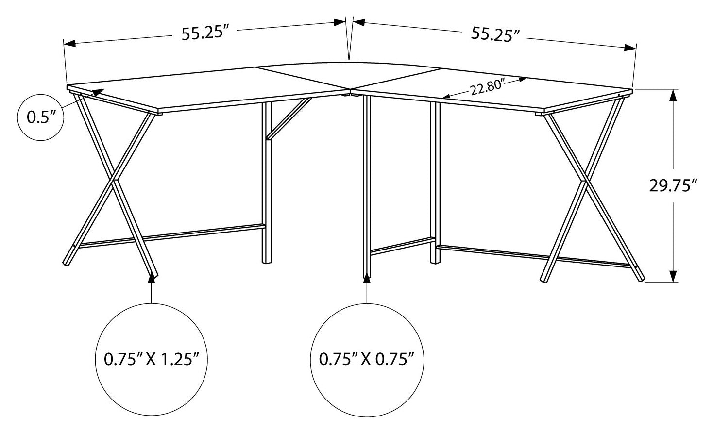 BUREAU D'ORDINATEUR - 55"L / DESSUS GRIS / COIN METAL NOIR