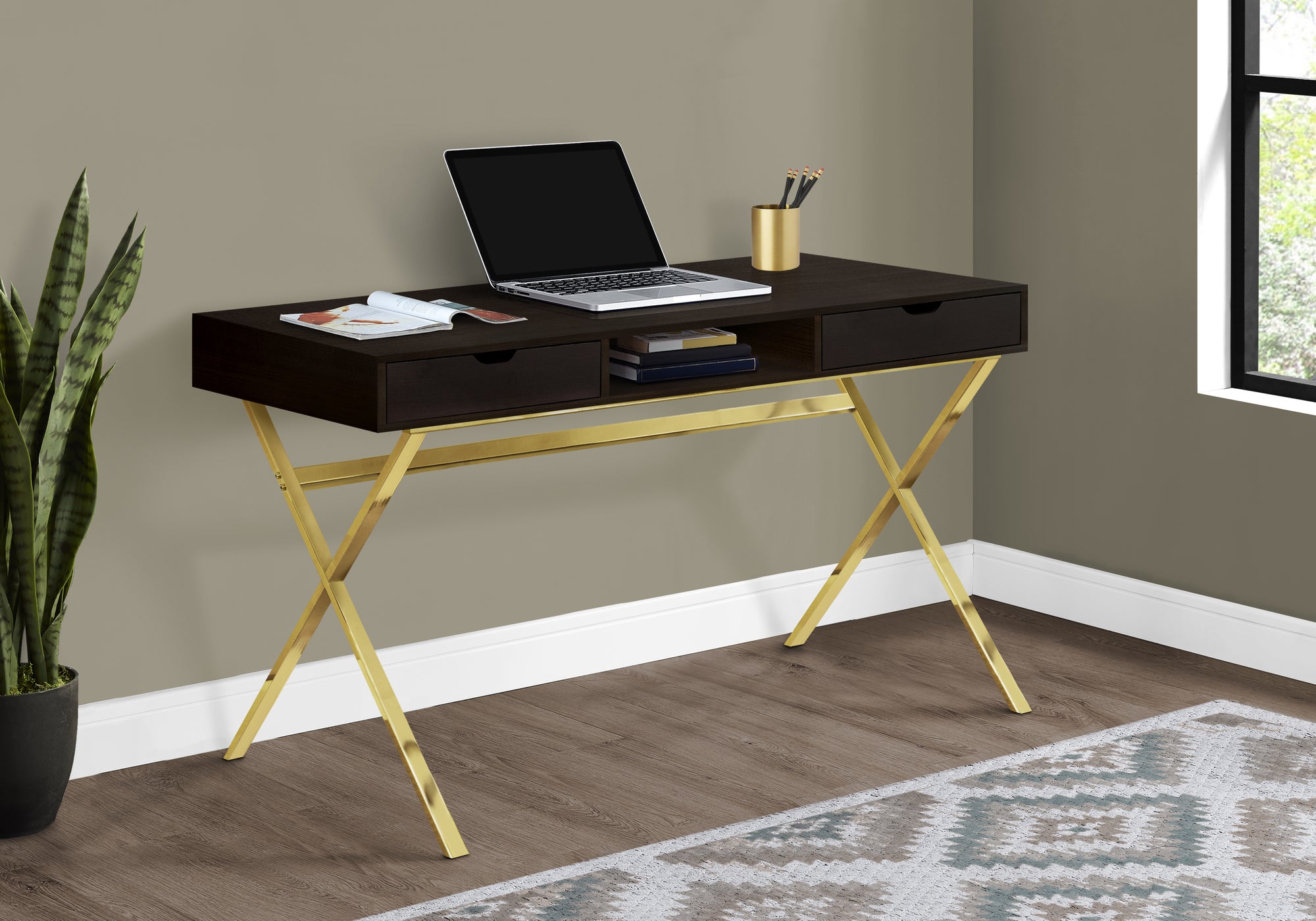 BUREAU D'ORDINATEUR - 48"L / ESPRESSO / MÉTAL DORÉ