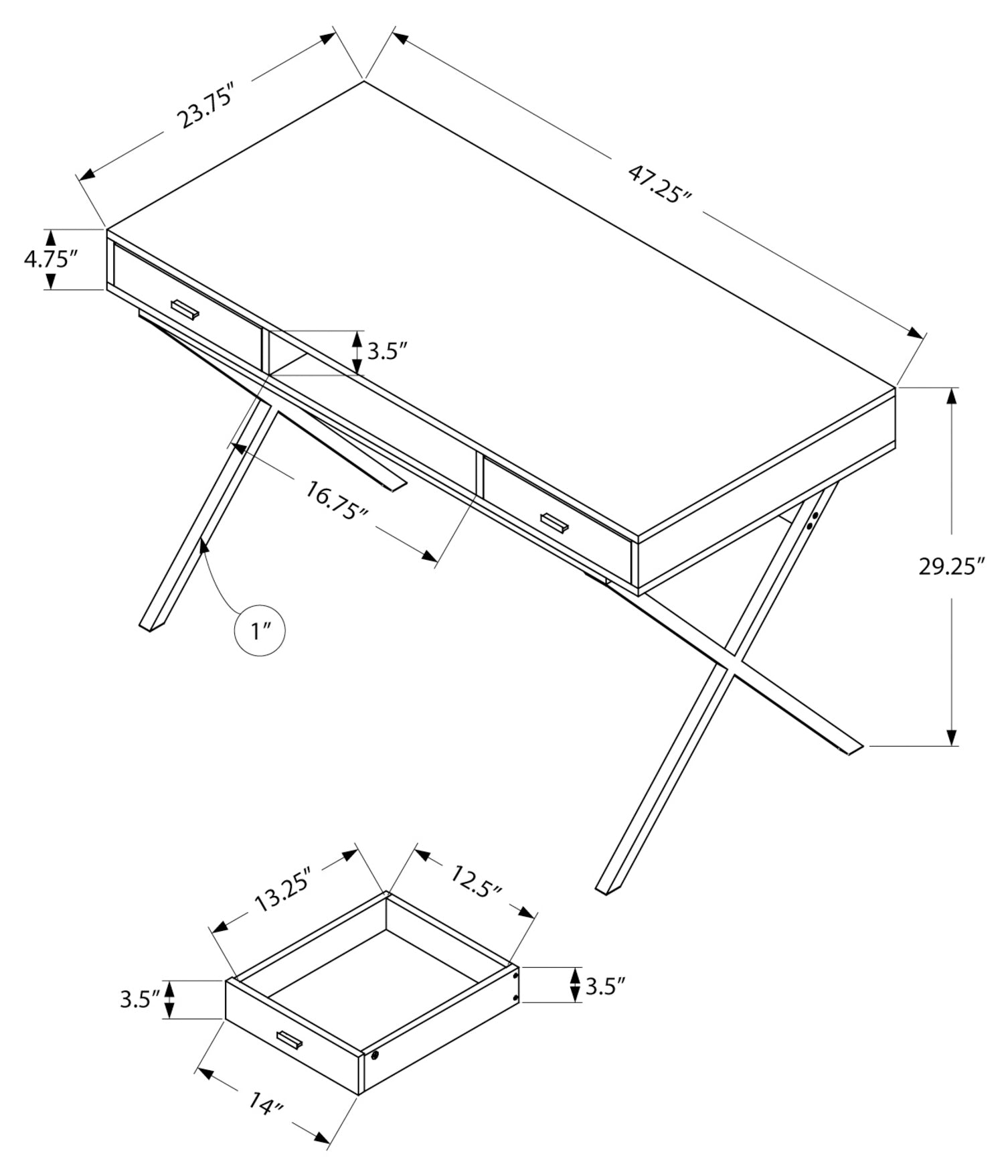 BUREAU D'ORDINATEUR - 48"L / BLANC BRILLANT / METAL CHROME