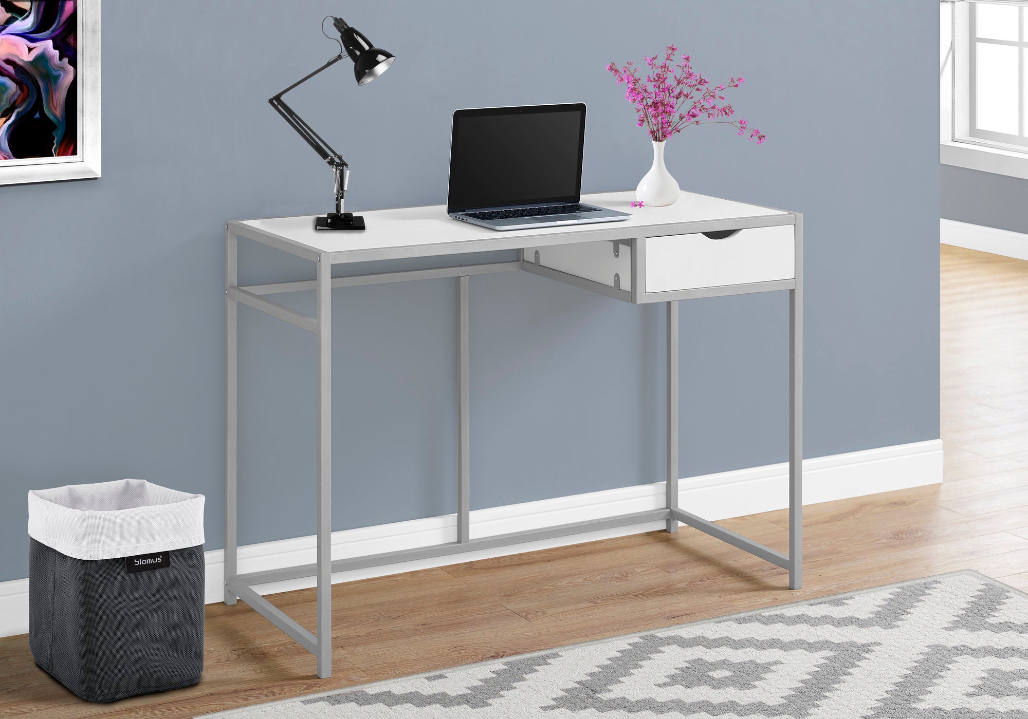 BUREAU D'ORDINATEUR - 42"L / BLANC / METAL ARGENT
