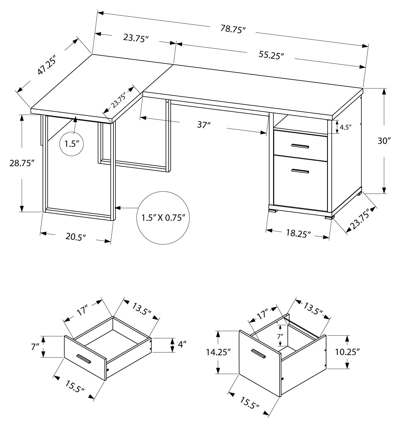 BUREAU D'ORDINATEUR - 80"L / GRIS ORIENTATION GAUCHE OU DROITE