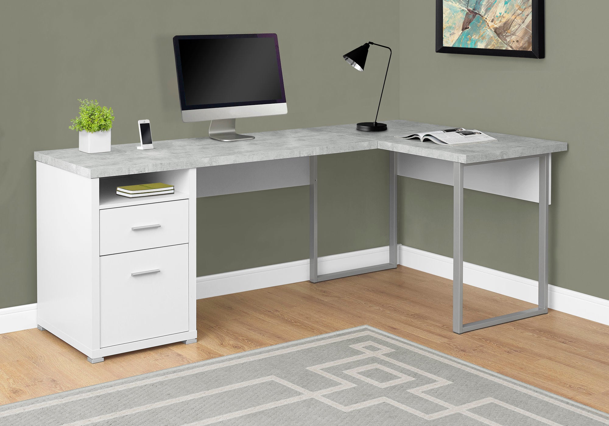 BUREAU D'ORDINATEUR - 80"L BLANC / ASPECT CIMENT FACE GAUCHE/DROITE