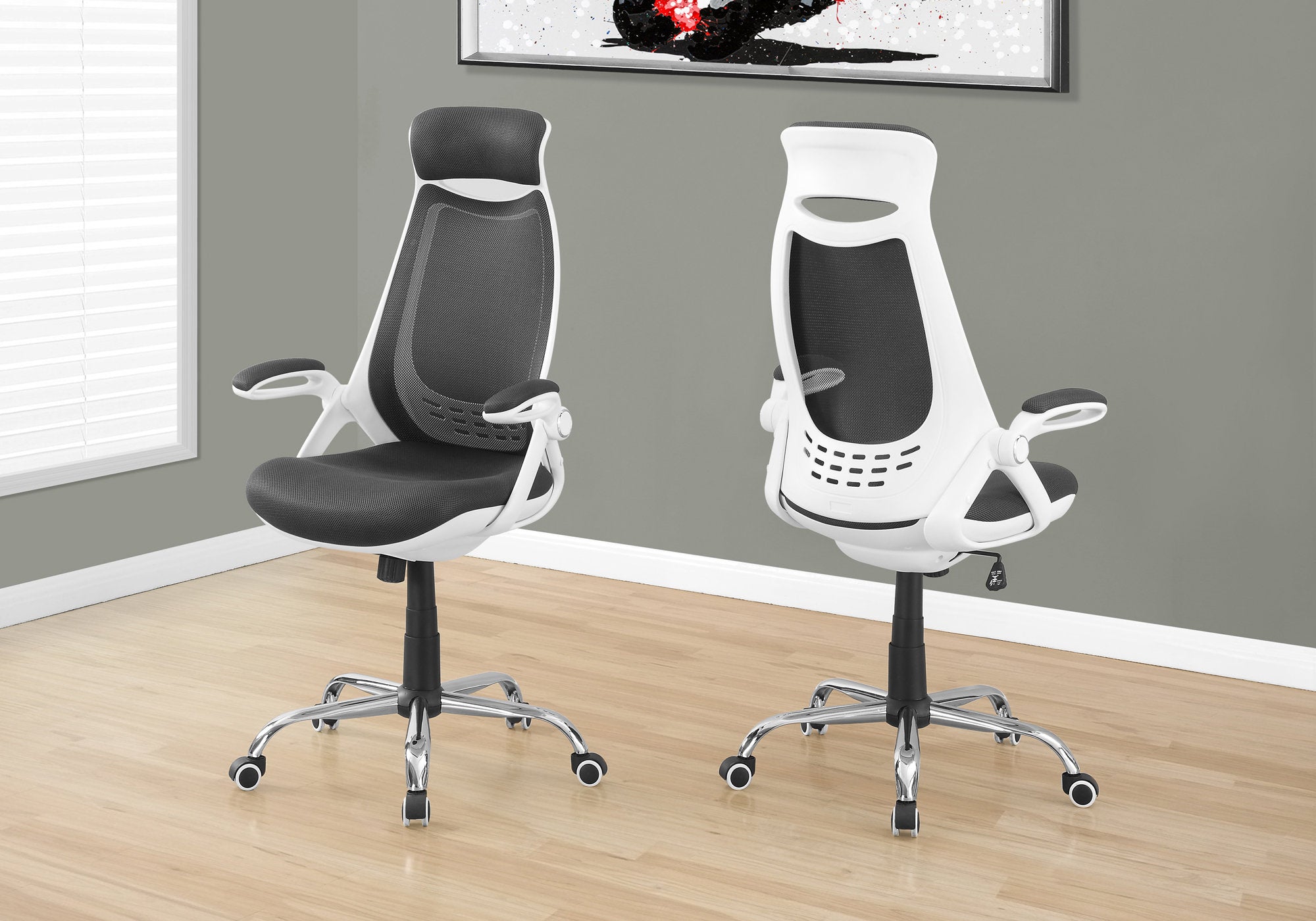 CHAISE DE BUREAU - BLANC / MESH GRIS / DOSSIER HAUT CHROME EXEC