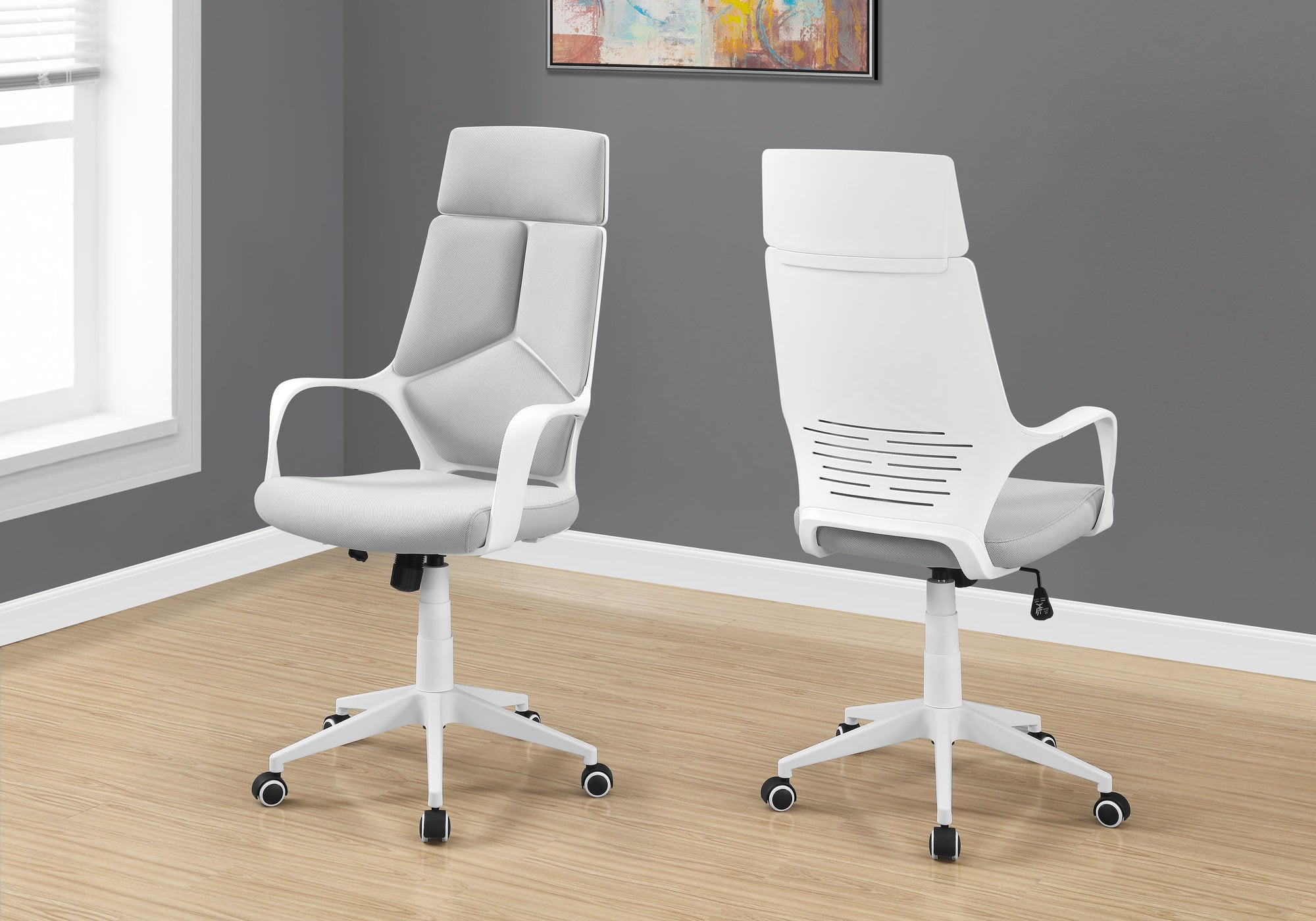 CHAISE DE BUREAU - BLANCHE / TISSU GRIS / DOSSIER HAUT EXECUTIVE