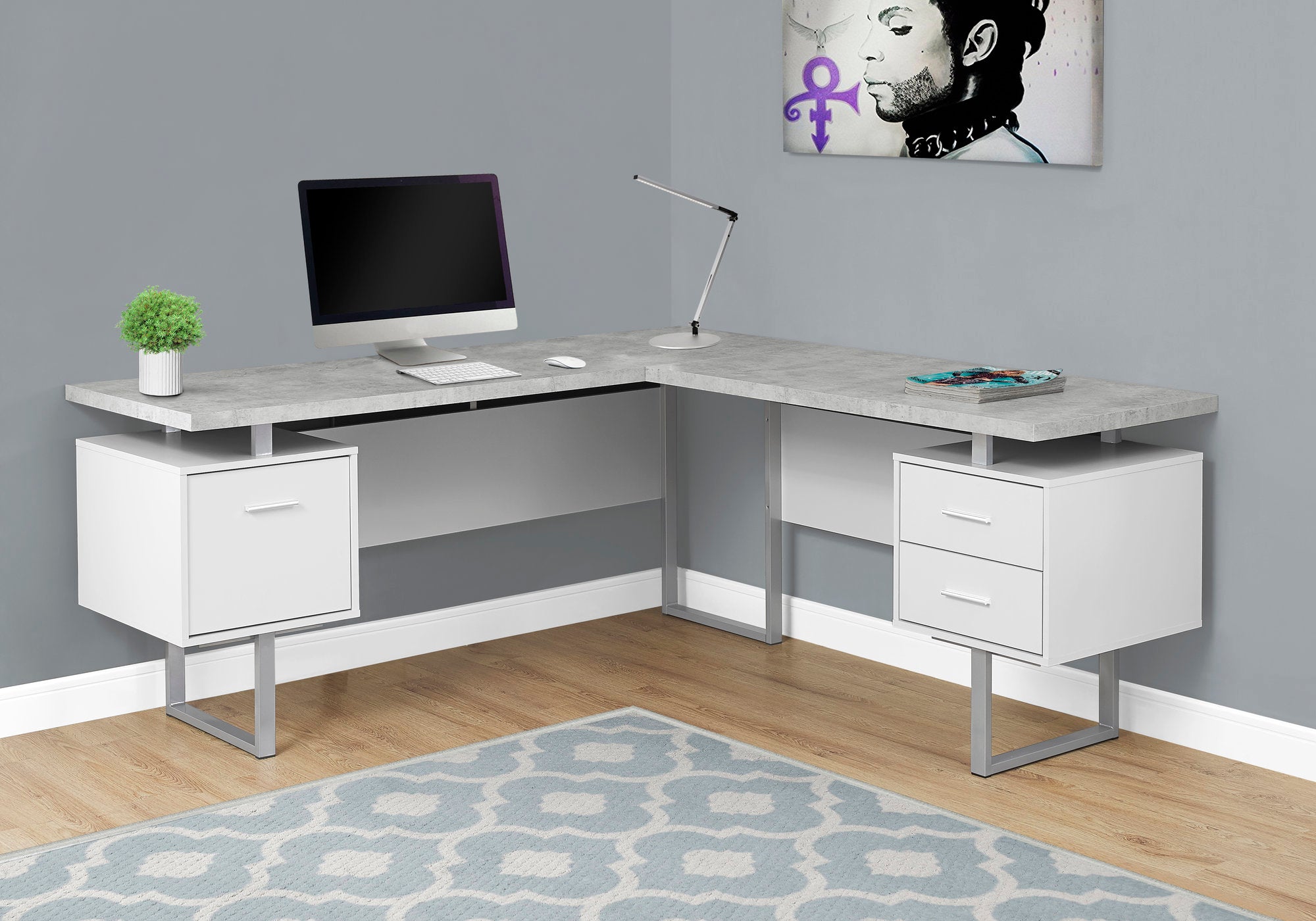BUREAU D'ORDINATEUR - 70"L BLANC / ASPECT CIMENT FACE GAUCHE/DROITE