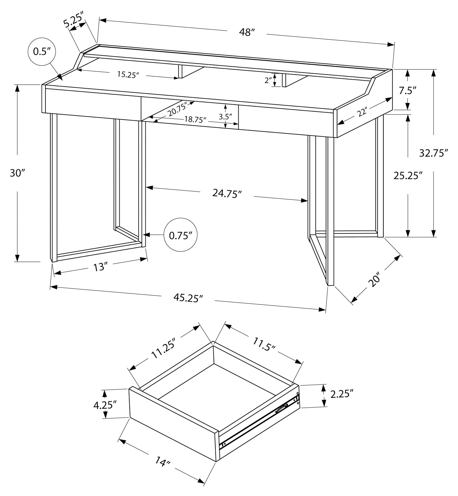 BUREAU D'ORDINATEUR - 48"L / BLANC / METAL ARGENT