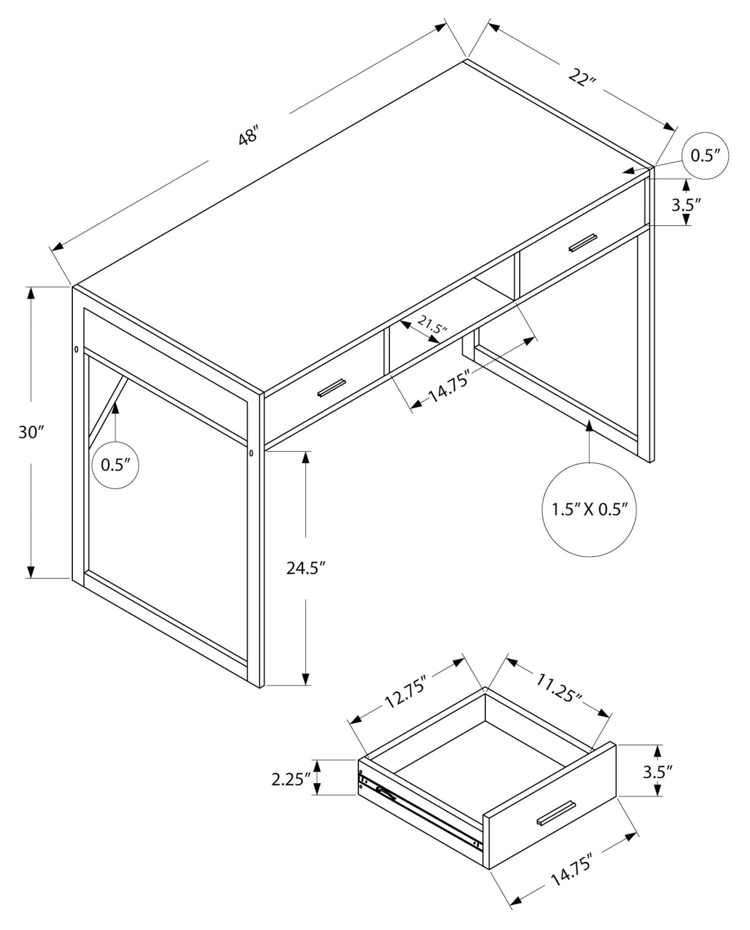 BUREAU D'ORDINATEUR - 48"L / BLANC / METAL ARGENT