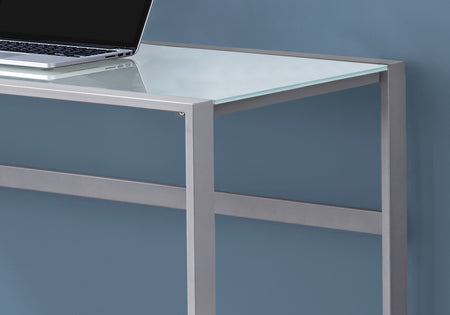 BUREAU D'ORDINATEUR - 48"L / MÉTAL ARGENT/ VERRE TREMPÉ BLANC 