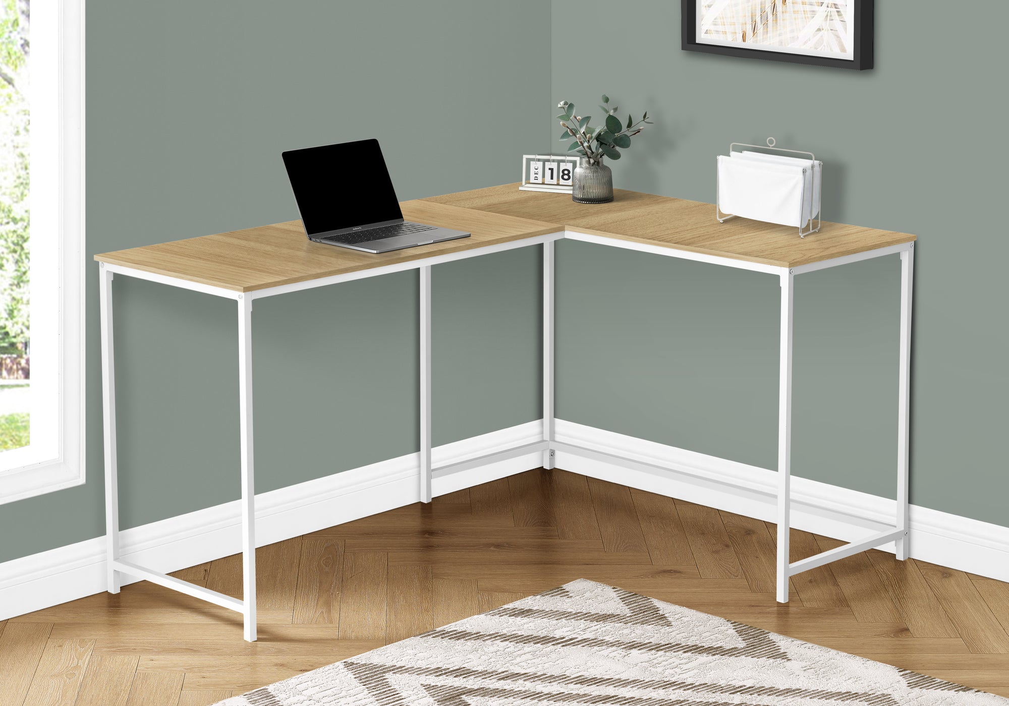BUREAU D'ORDINATEUR - 58"L / NATUREL / COIN METAL BLANC
