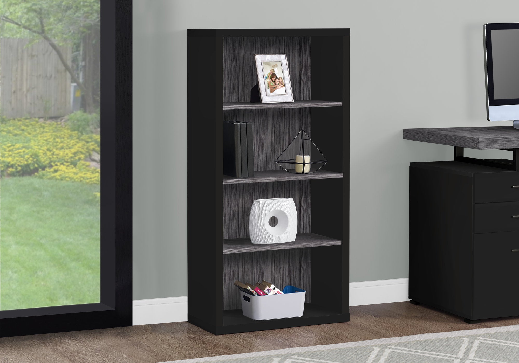 BIBLIOTHEQUE - 48"H / NOIR / GRIS AVEC TABLETTES AJUSTABLES 