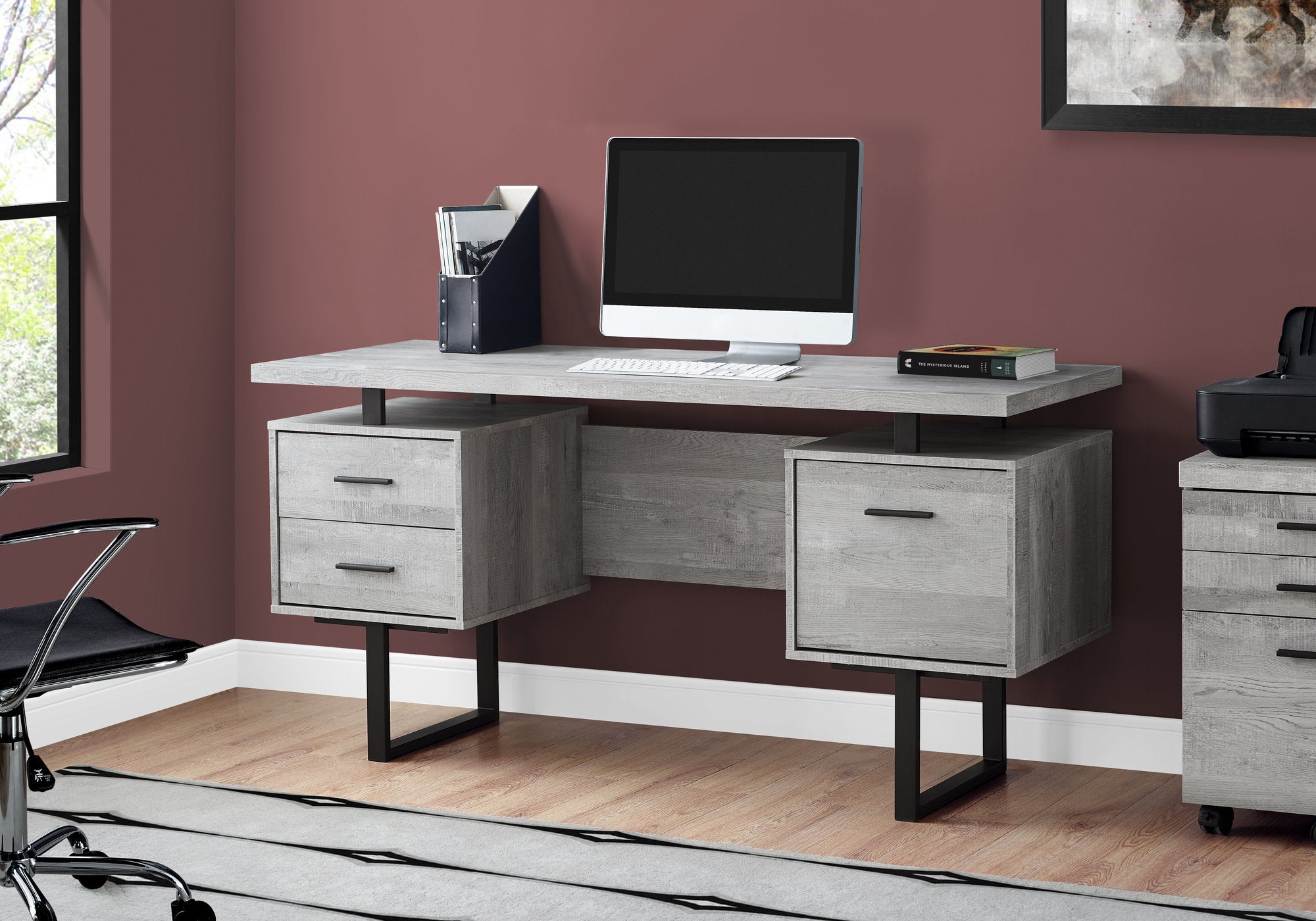 BUREAU D'ORDINATEUR - 60"L / BOIS DE RÉCUPÉRATION GRIS / MÉTAL NOIR