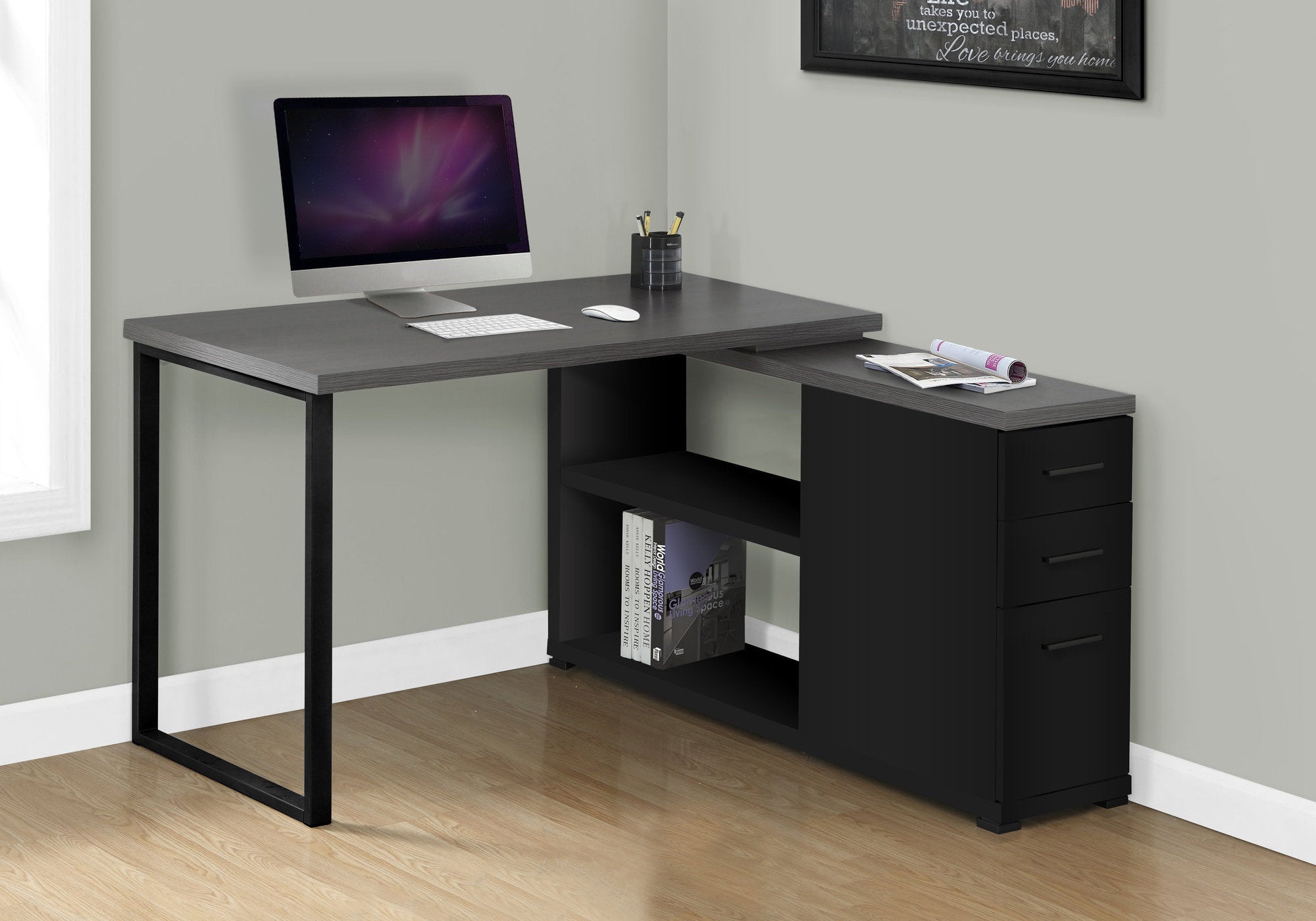 BUREAU D'ORDINATEUR - DESSUS NOIR / GRIS COIN GAUCHE/DROITE