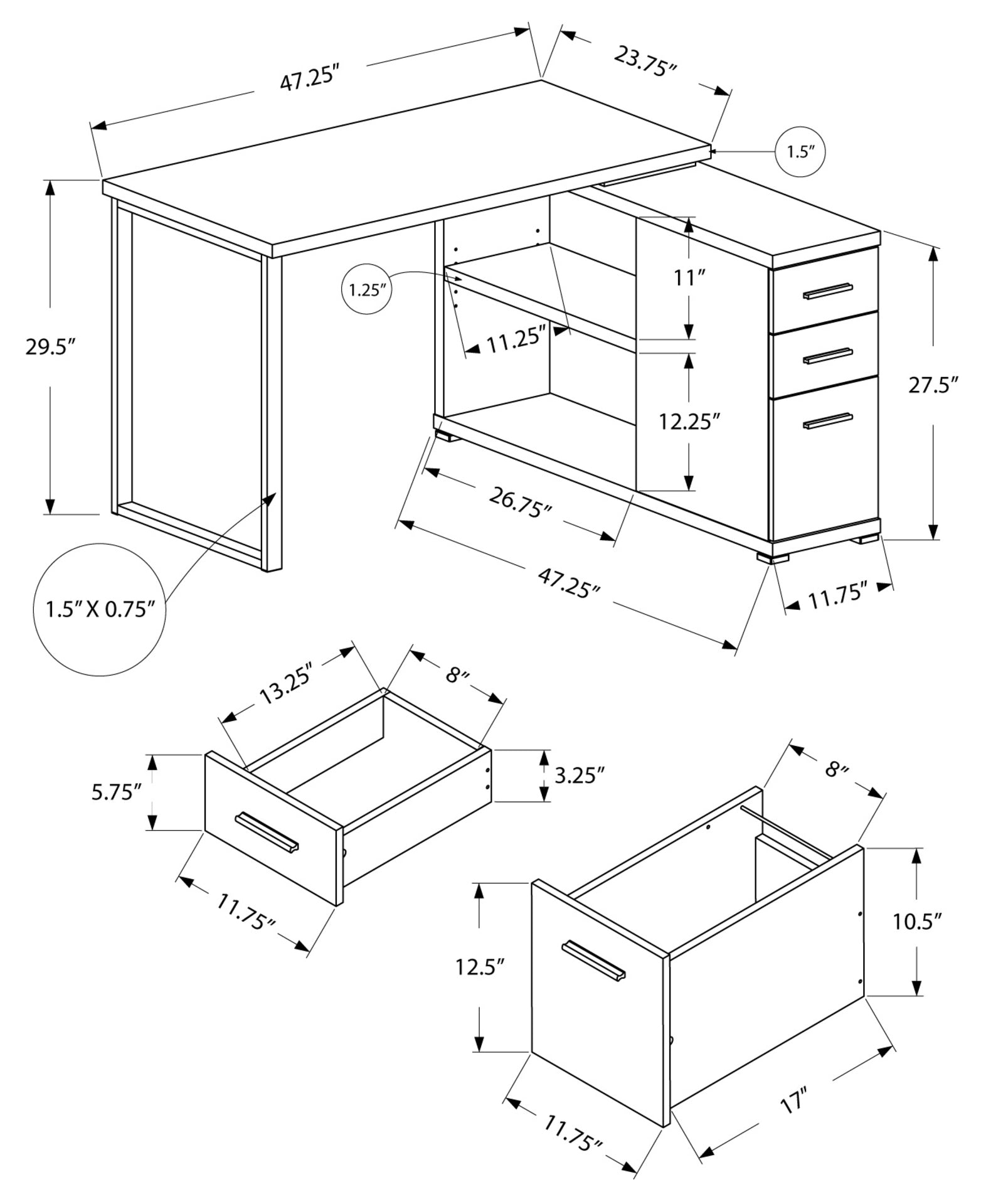 BUREAU D'ORDINATEUR - DESSUS NOIR / GRIS COIN GAUCHE/DROITE