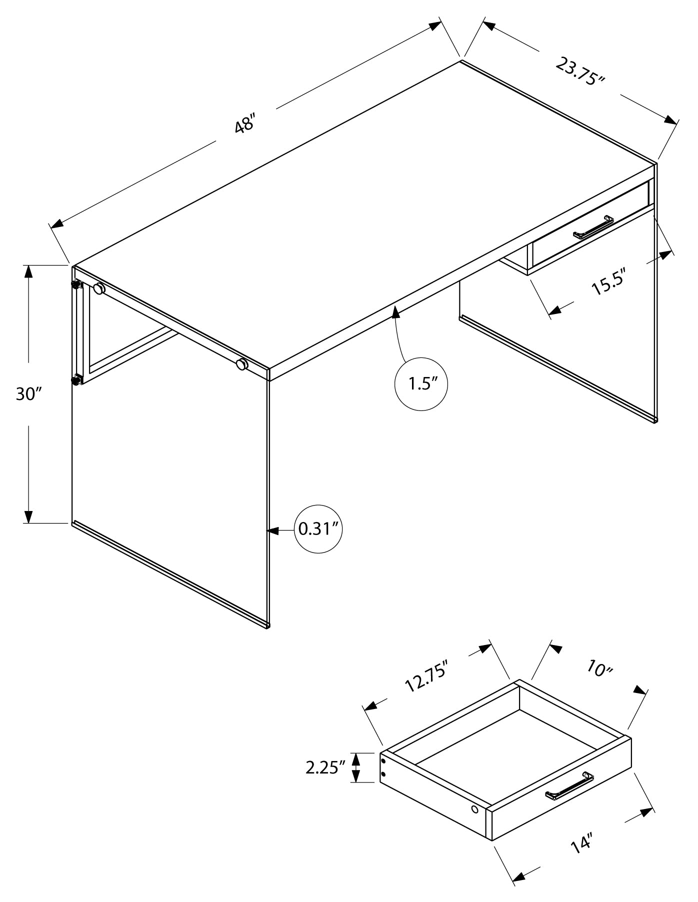 BUREAU D'ORDINATEUR - 48"L / BOIS DE RÉCUPÉRATION GRIS / PANNEAUX DE VERRE
