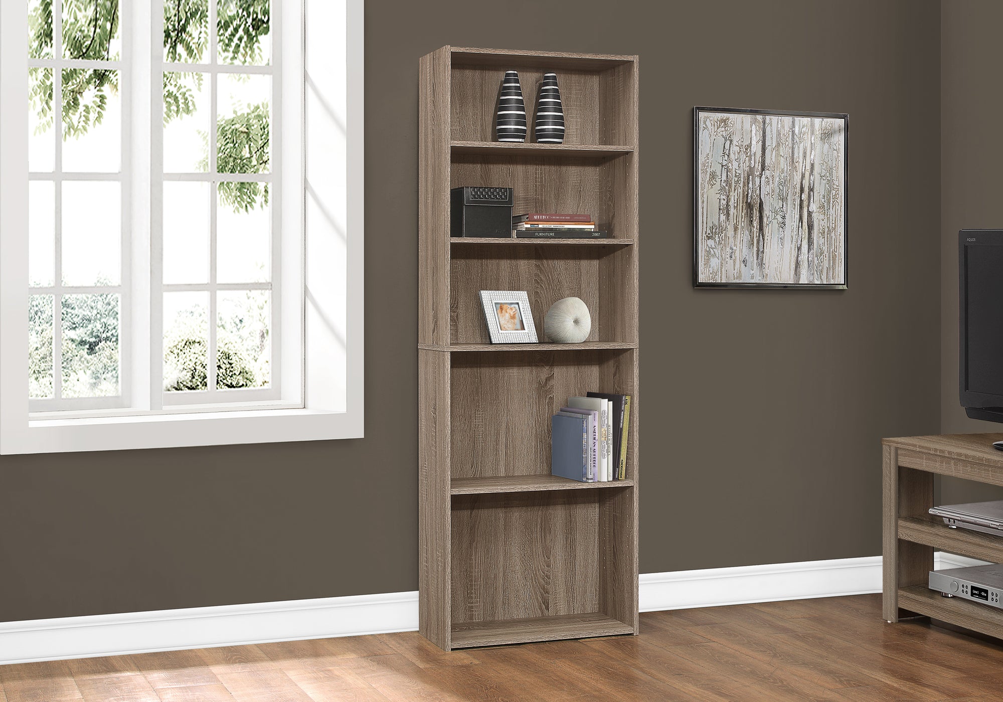 BIBLIOTHÈQUE - 72"H / TAUPE FONCÉ AVEC 5 TABLETTES