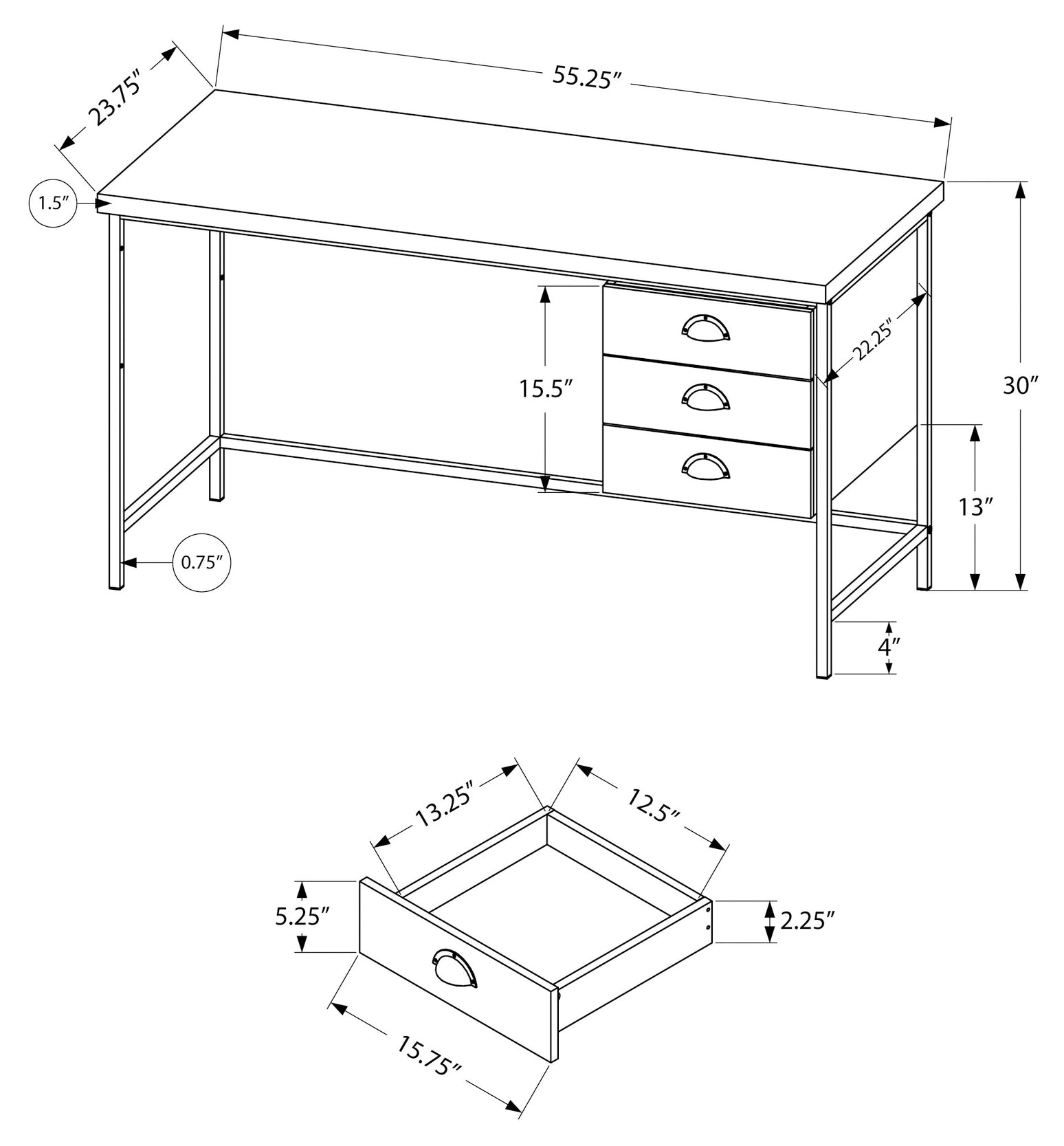 BUREAU D'ORDINATEUR - 55"L / BOIS BRUN / MÉTAL NOIR
