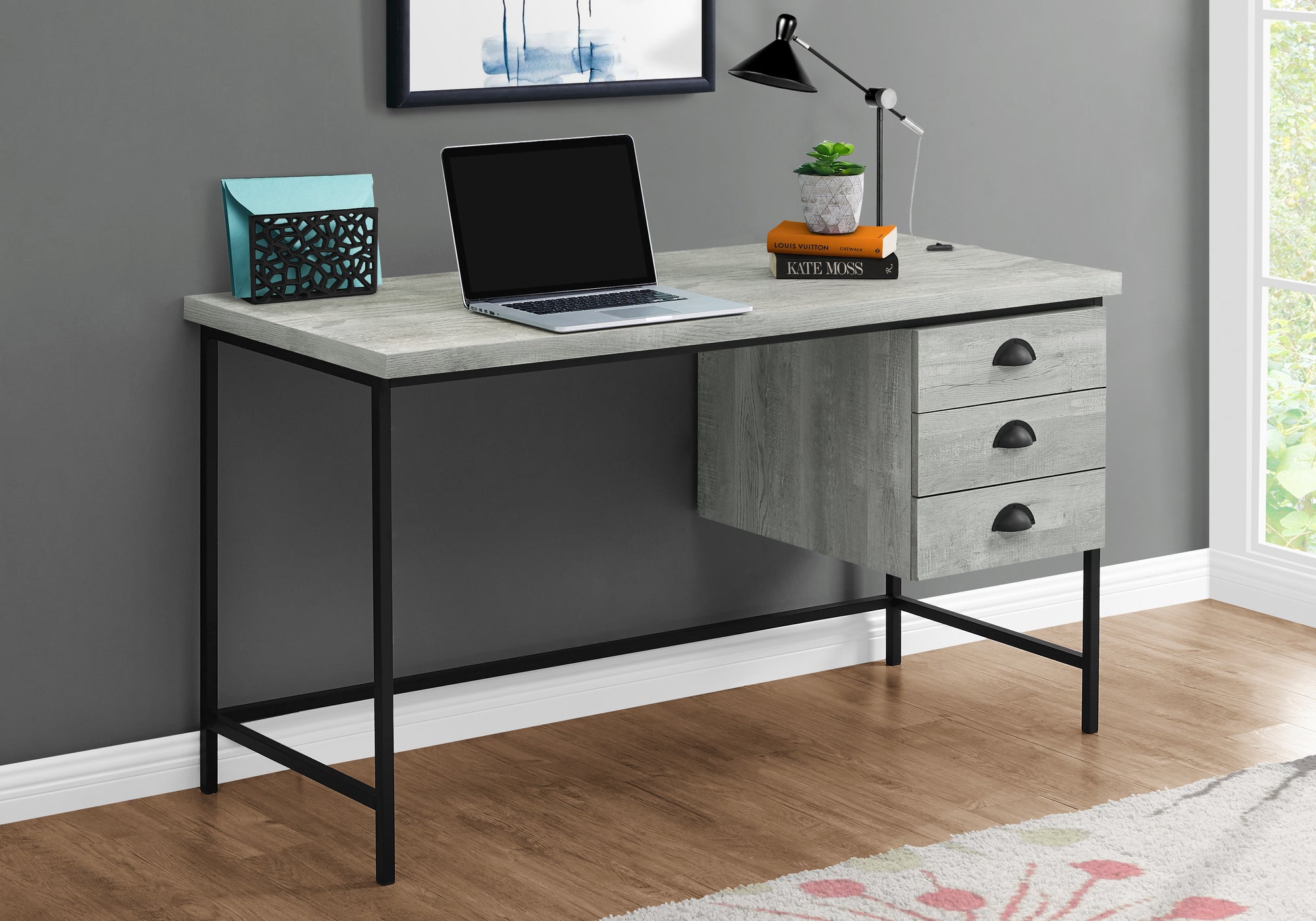 BUREAU D'ORDINATEUR - 55"L / BOIS BRUN / MÉTAL NOIR