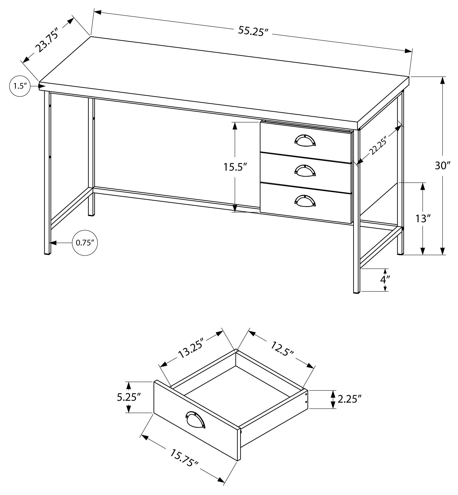 BUREAU D'ORDINATEUR - 55"L / BOIS RÉCUPÉRÉ NOIR / MÉTAL NOIR