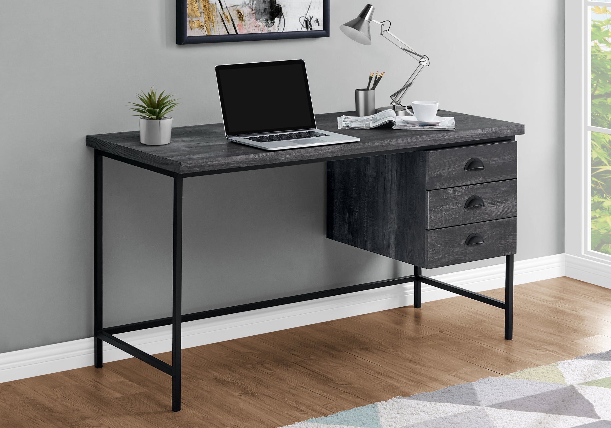 BUREAU D'ORDINATEUR - 55"L / BOIS RÉCUPÉRÉ NOIR / MÉTAL NOIR