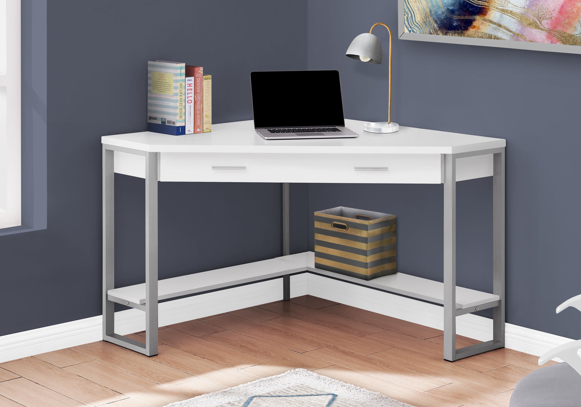 BUREAU D'ORDINATEUR - 42"L / COIN BLANC / METAL ARGENT