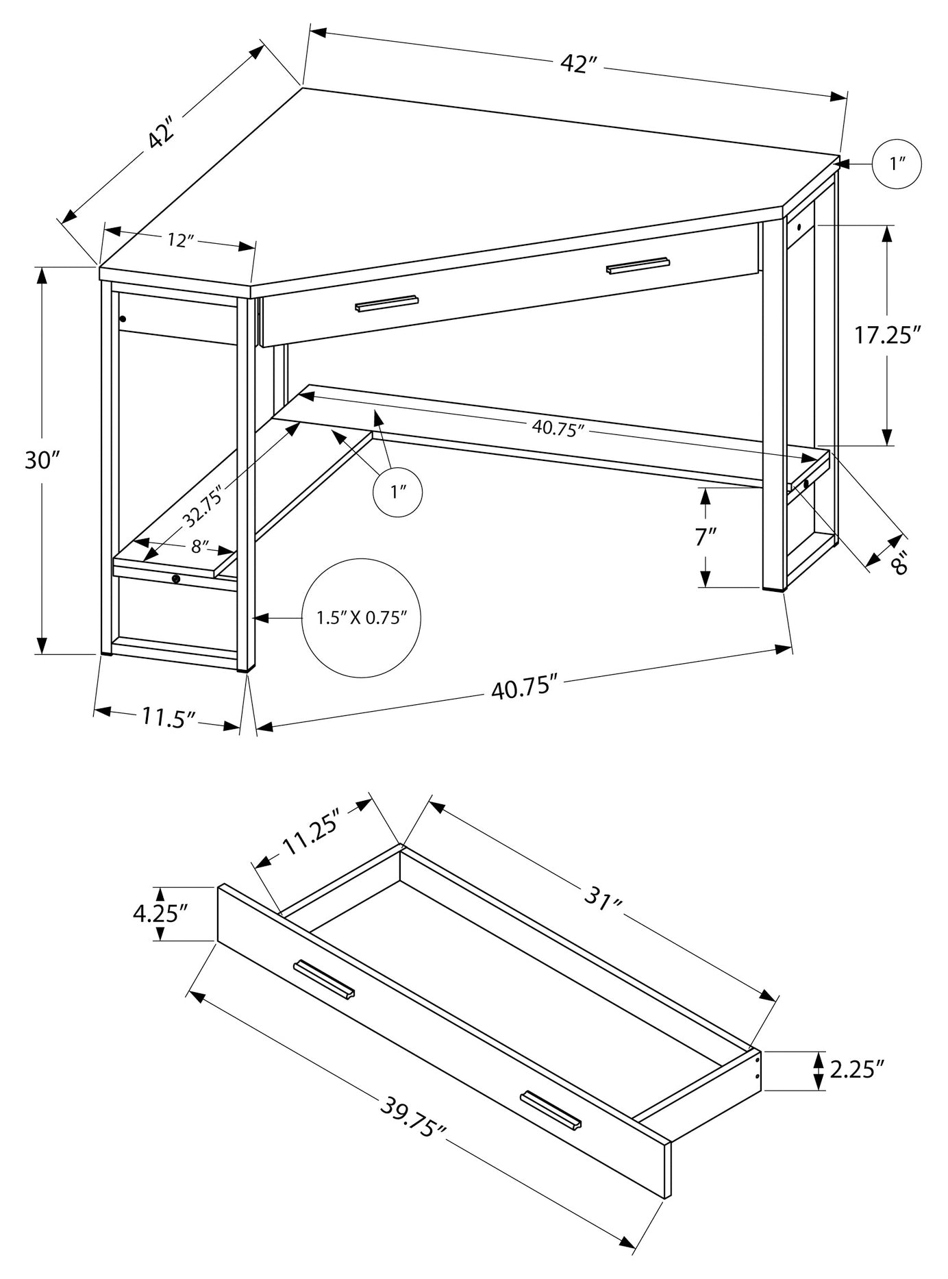 BUREAU D'ORDINATEUR - 42"L / COIN BOIS BRUN