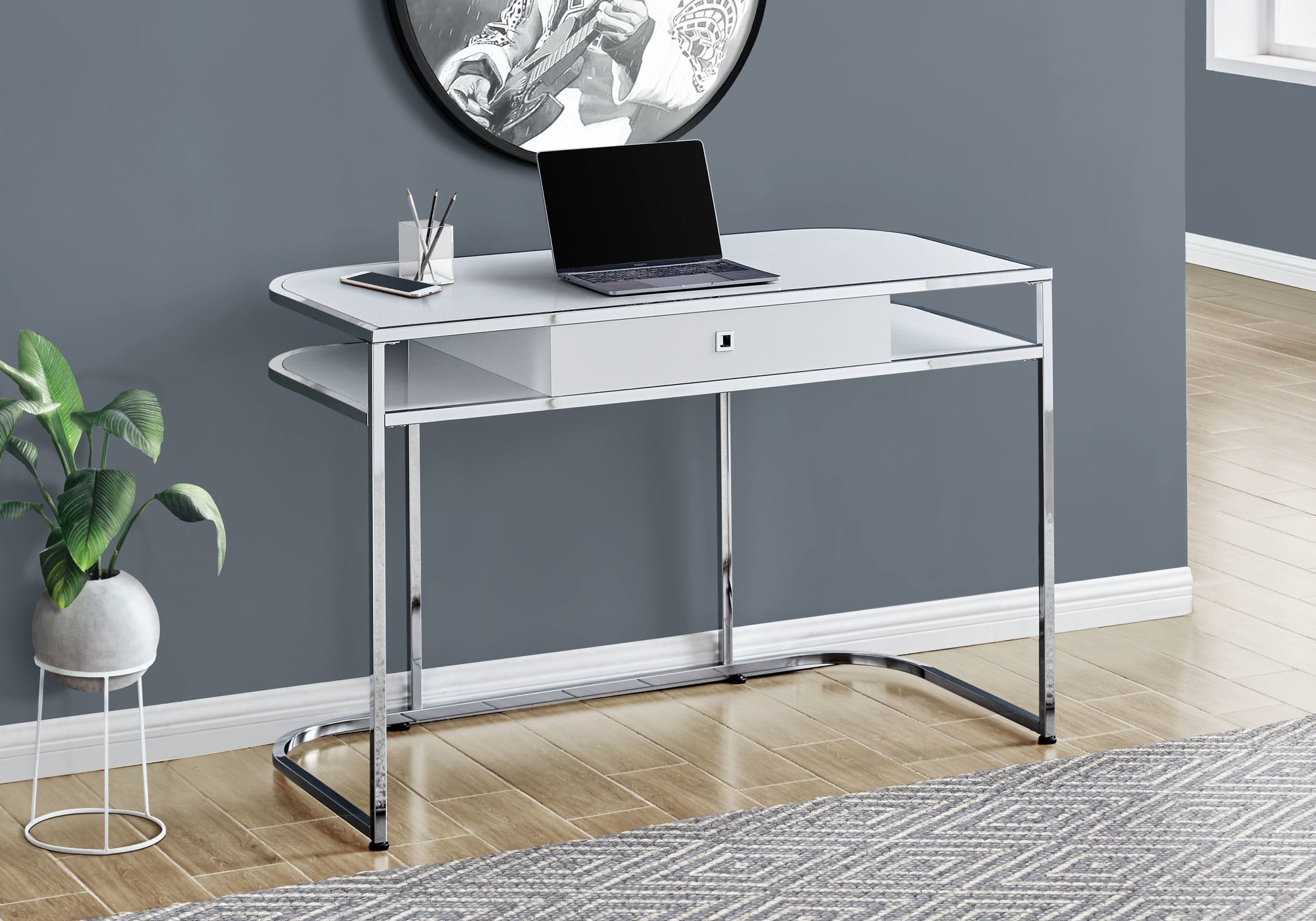 BUREAU D'ORDINATEUR - 48"L / BLANC BRILLANT / METAL CHROME