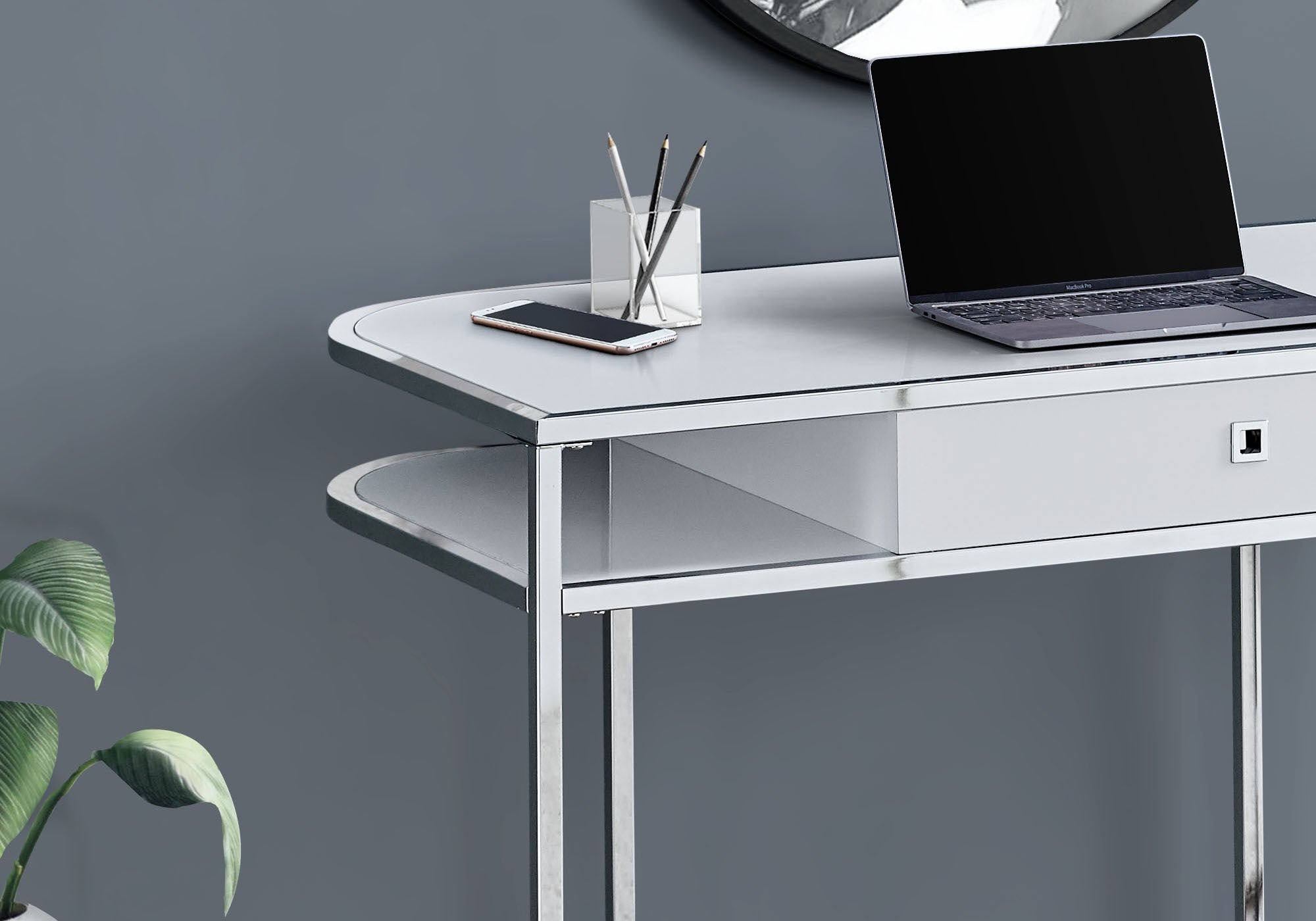 BUREAU D'ORDINATEUR - 48"L / BLANC BRILLANT / METAL CHROME