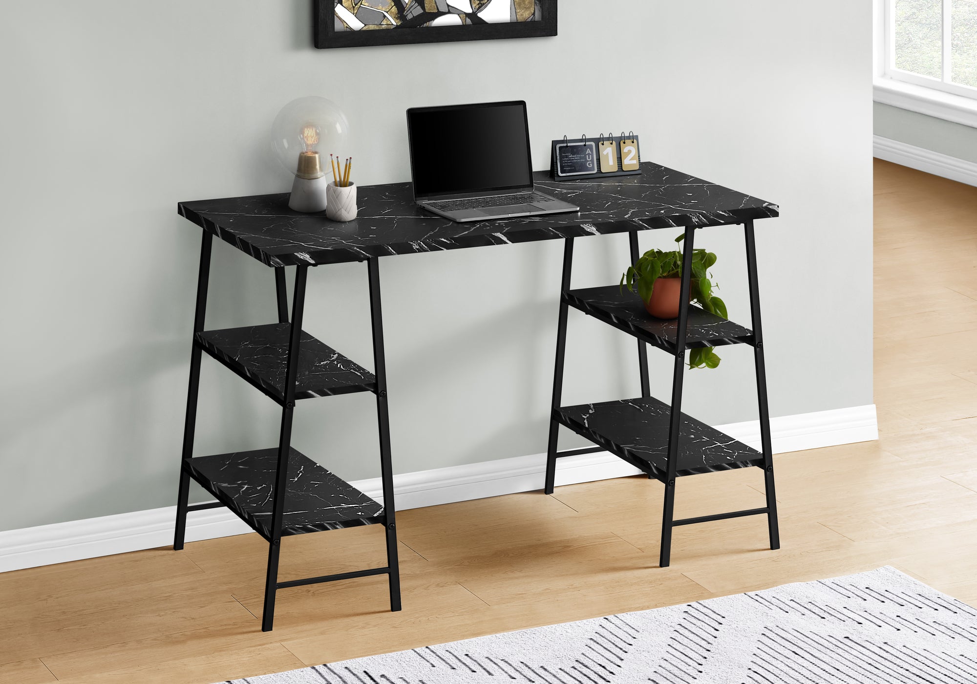 BUREAU D'ORDINATEUR - 48"L / ASPECT MARBRE NOIR / MÉTAL NOIR